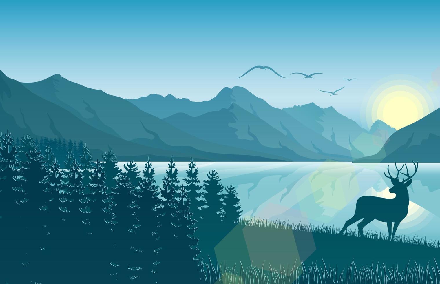 ilustración vectorial del paisaje montañoso con ciervos y bosques por la mañana vector