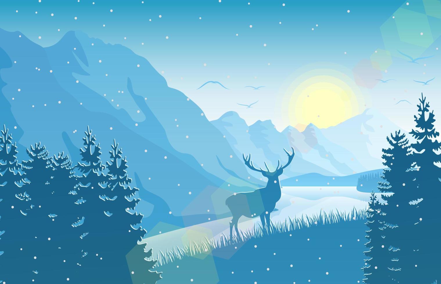 Winter mountain landscape with deer and forest at falling snow vector