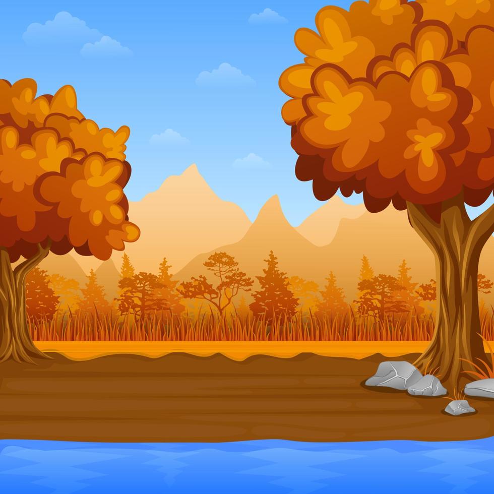 Vector illustration of Autumn landscape with mountains and trees