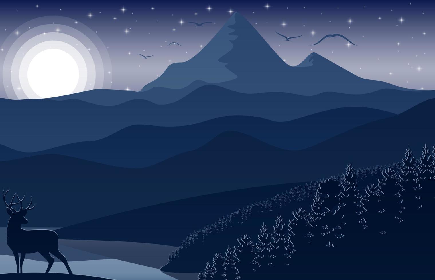 paisaje de montaña con ciervos y bosques por la noche vector