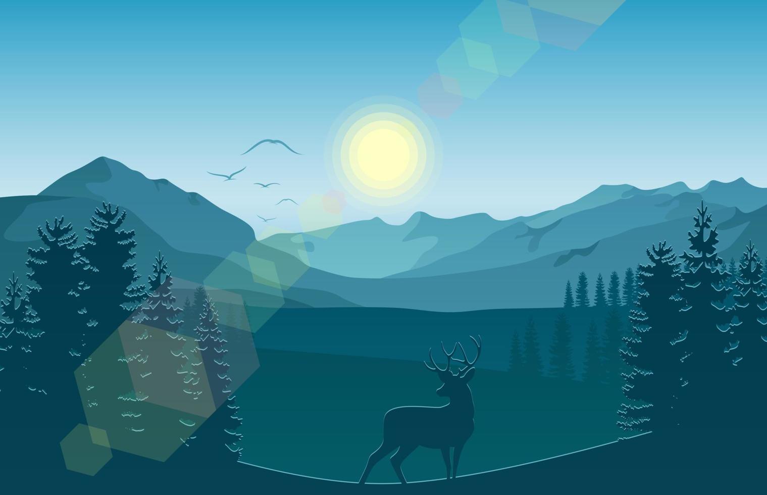 ilustración vectorial del paisaje montañoso con ciervos y bosques por la mañana vector