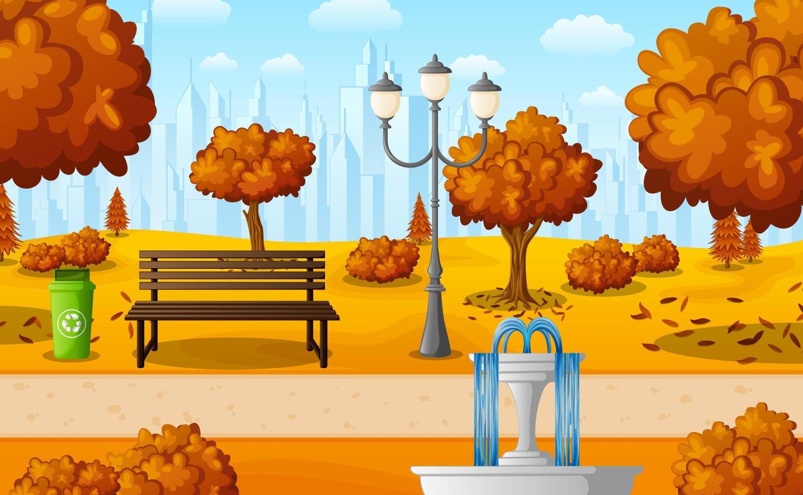 Autumn city park with bench and streetlight on suburban vector