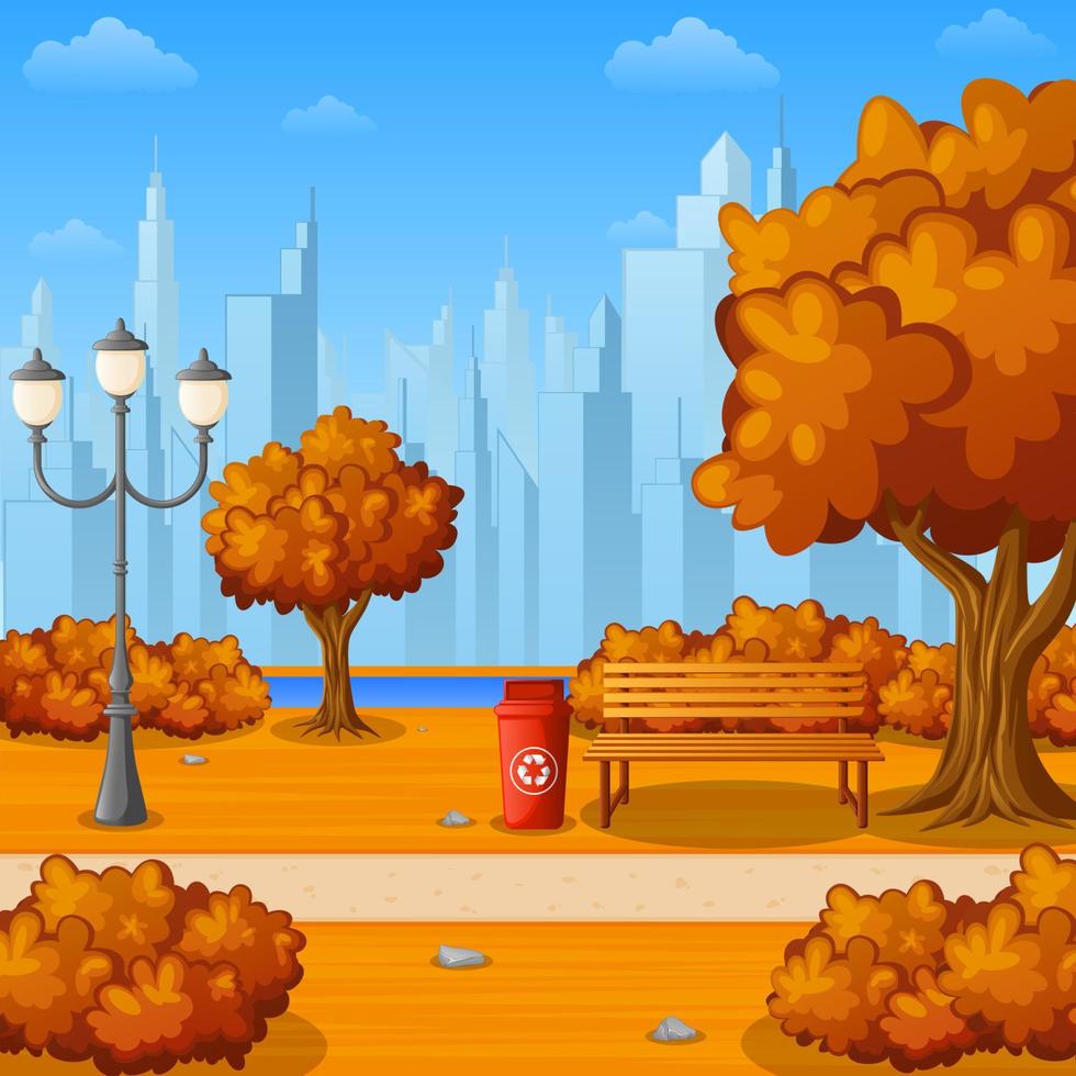 Autumn city park with bench and streetlight on suburban vector