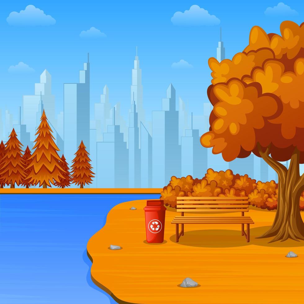 Autumn city park with bench and streetlight on suburban vector