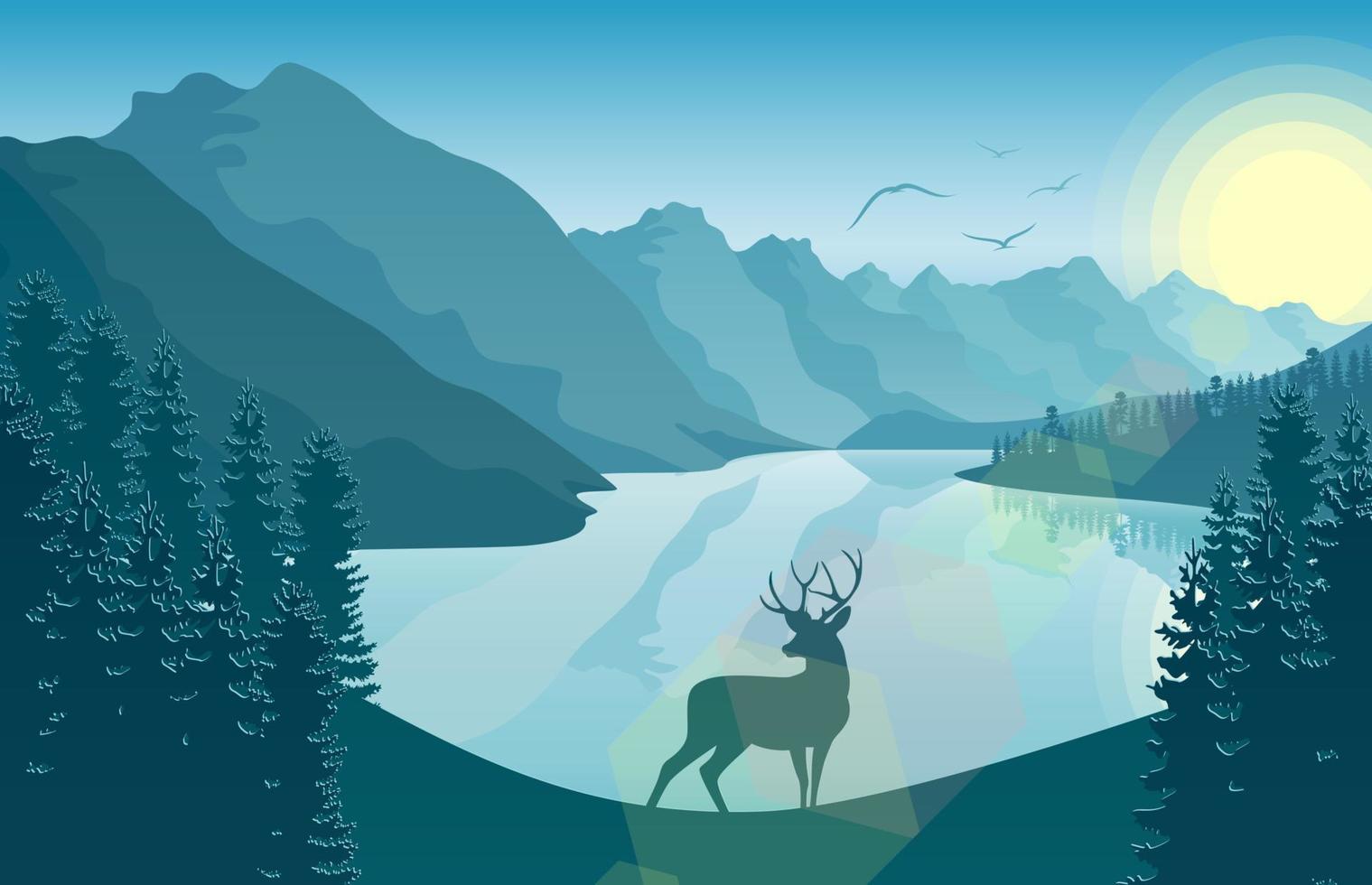 Vector illustration of Mountain landscape with deer and forest at morning