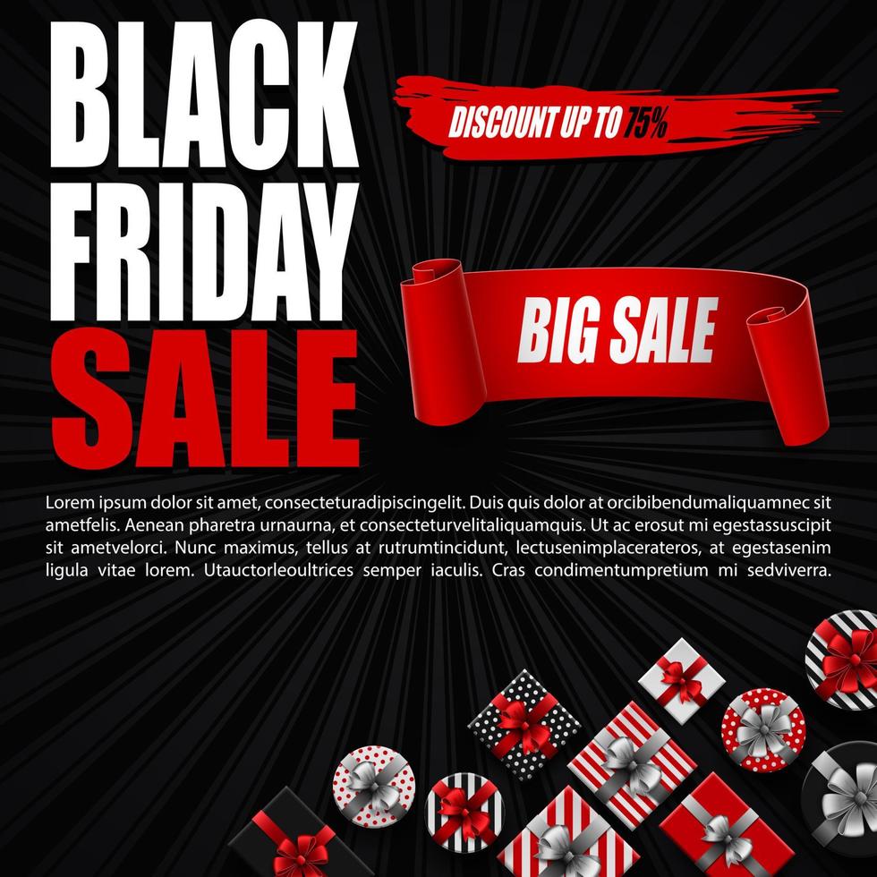 Vector illustration of Black Friday sale banner with different gift boxes and black ribbon