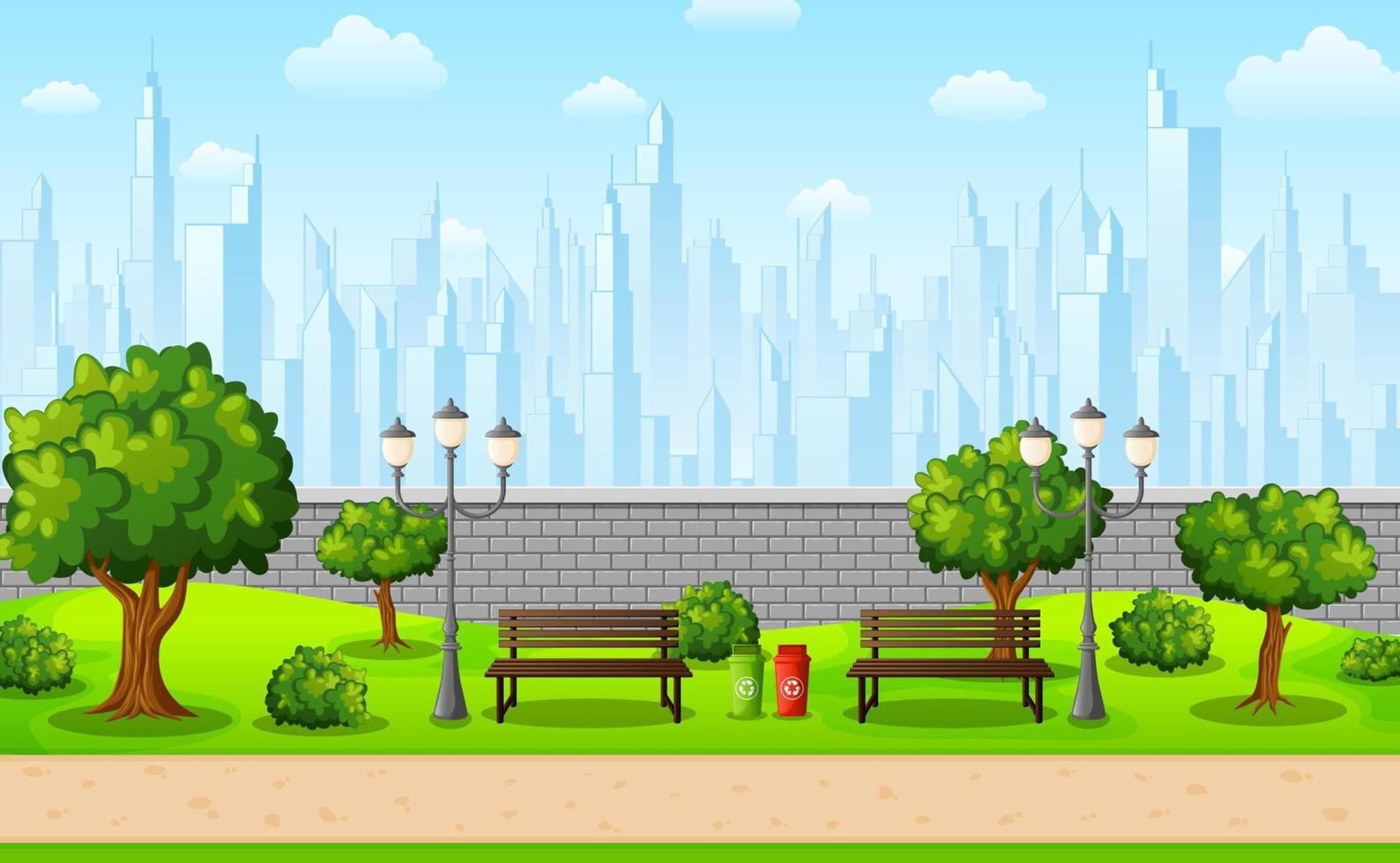 Green city park with bench and streetlight on suburban vector