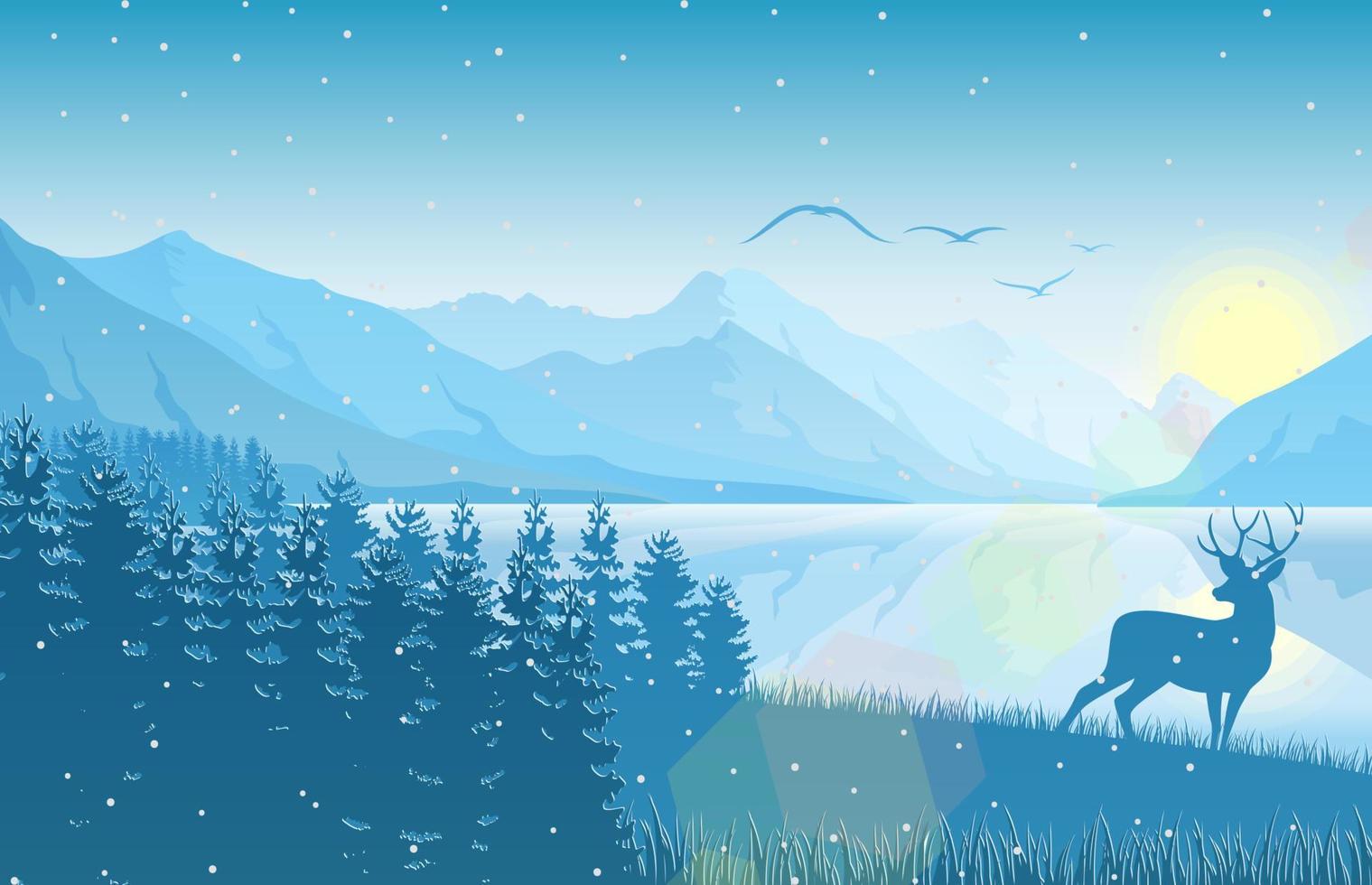 Winter mountain landscape with deer and forest at falling snow vector