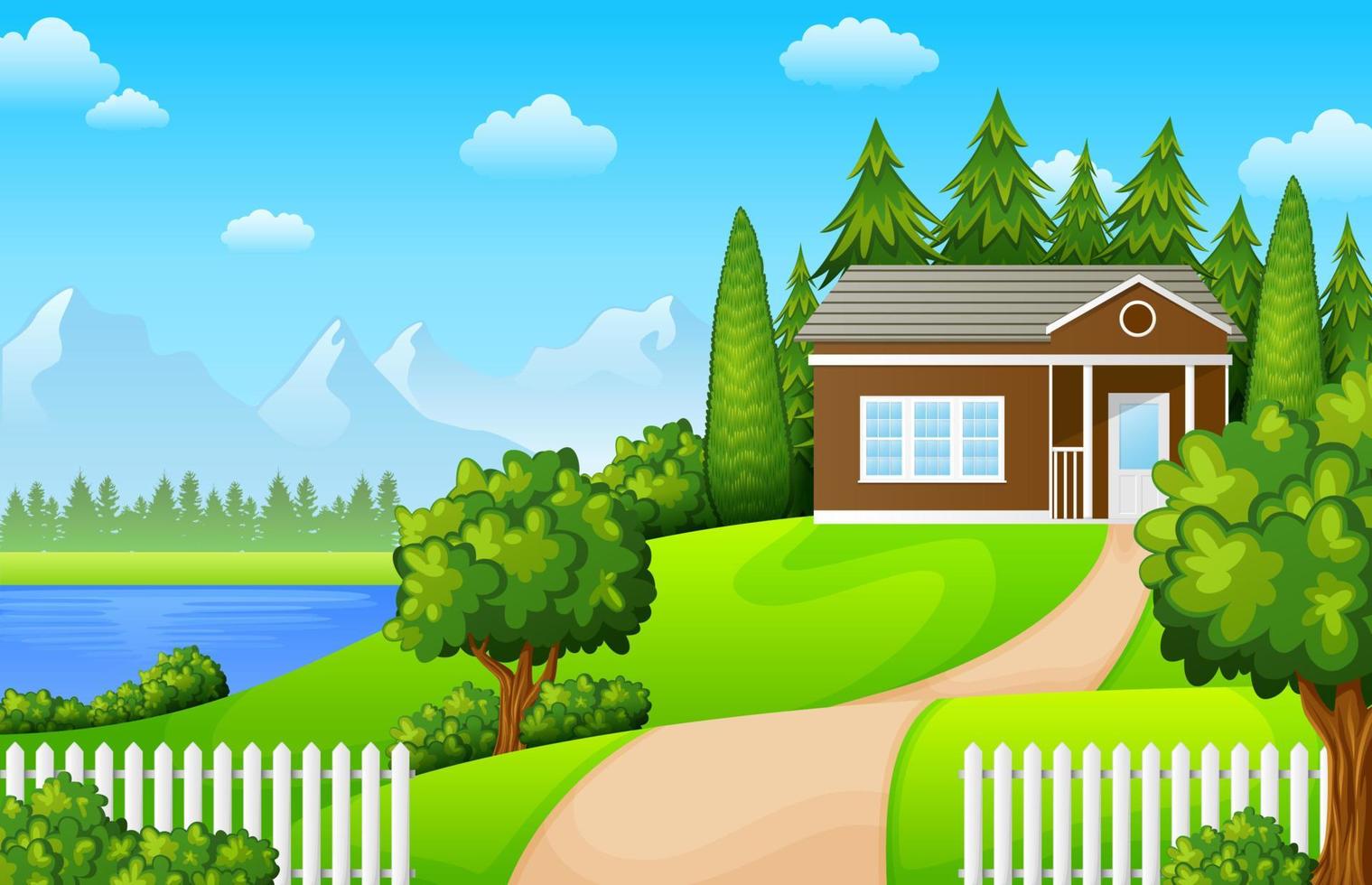 Vector illustration of Mountain landscape with family house on blue sky background