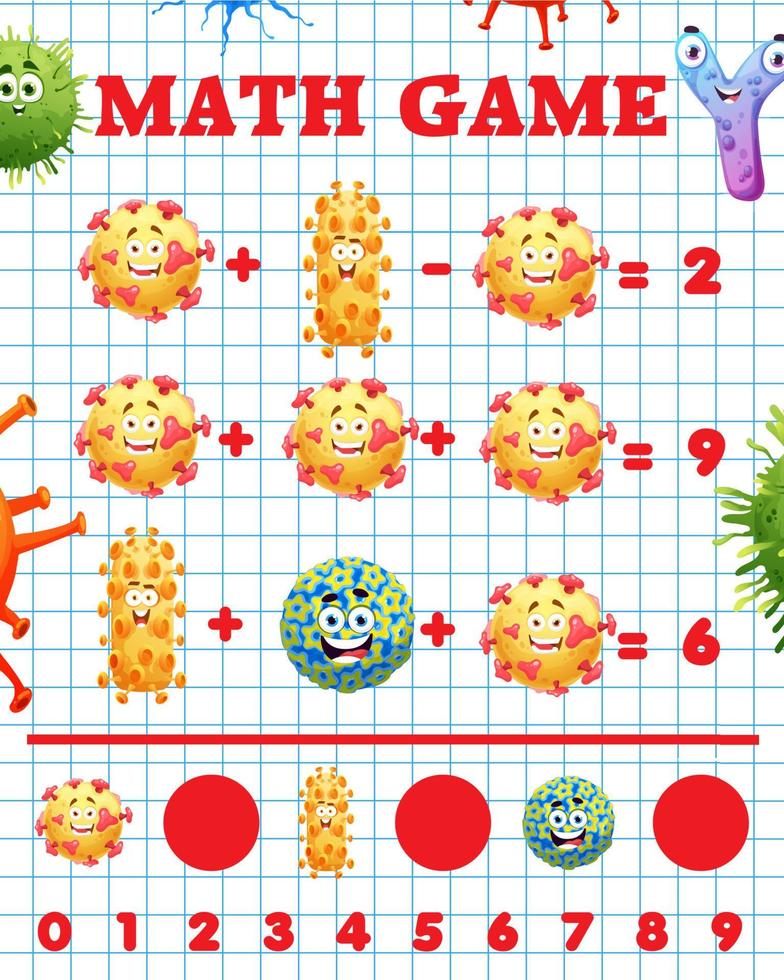 Cartoon virus and microbe characters, math game vector