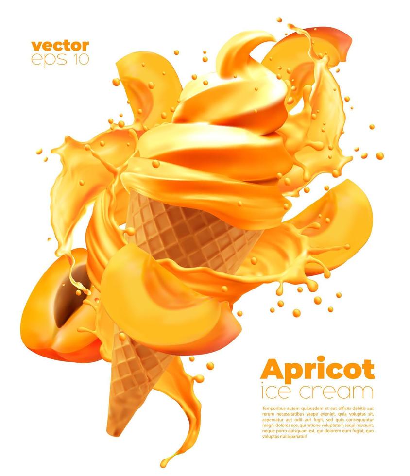 Apricot soft ice cream cone with splash vector