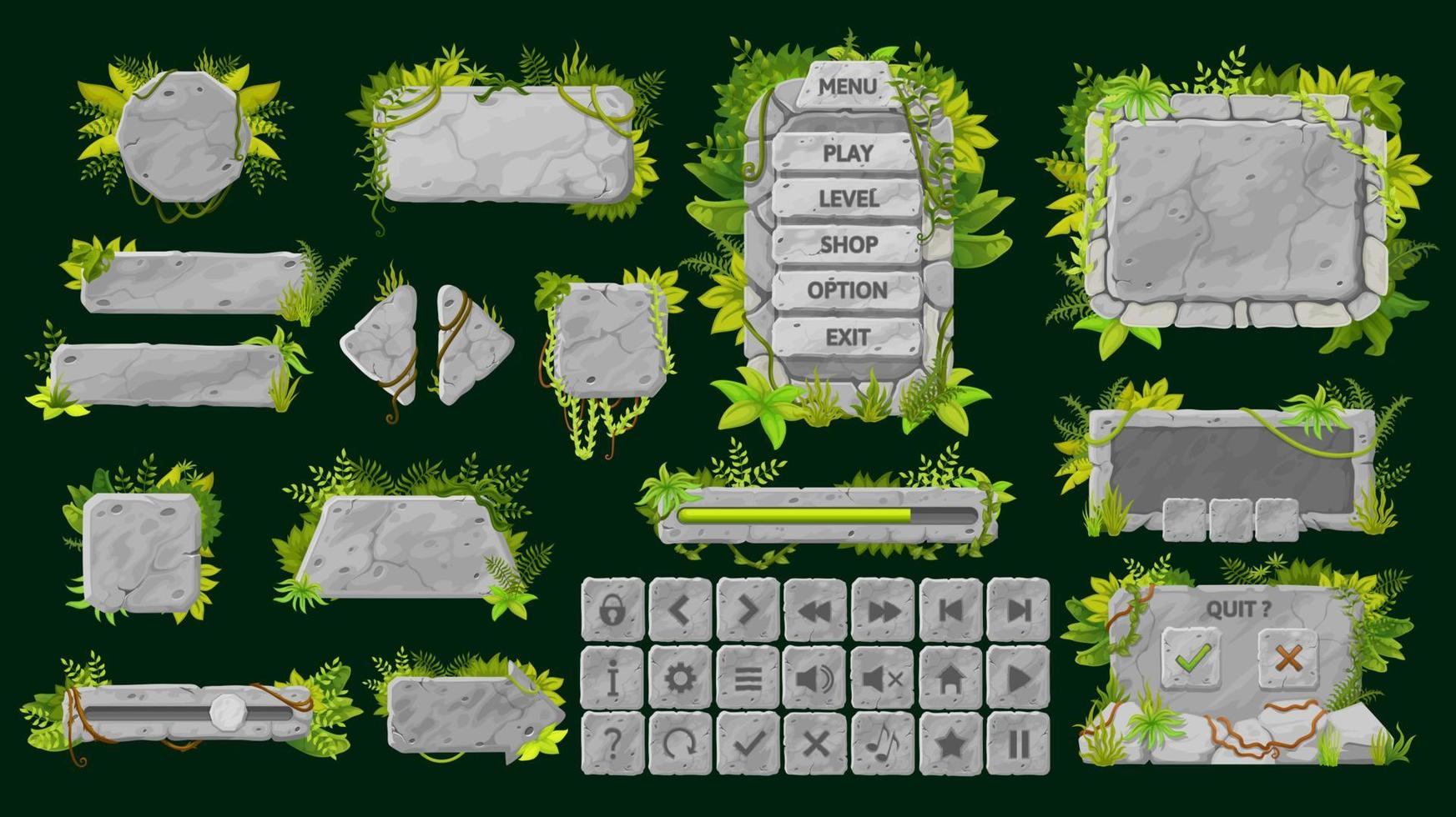 Stone game interface, buttons and UI elements vector