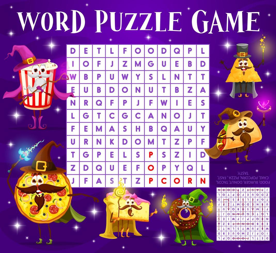 Word search puzzle game, Halloween fast food mages vector