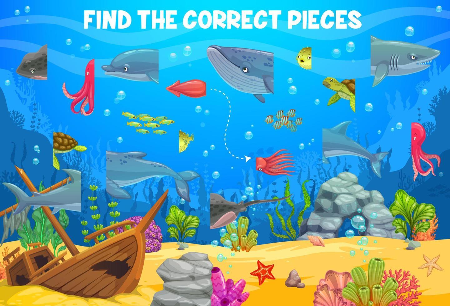 Find correct pieces of sea animal, ocean landscape vector