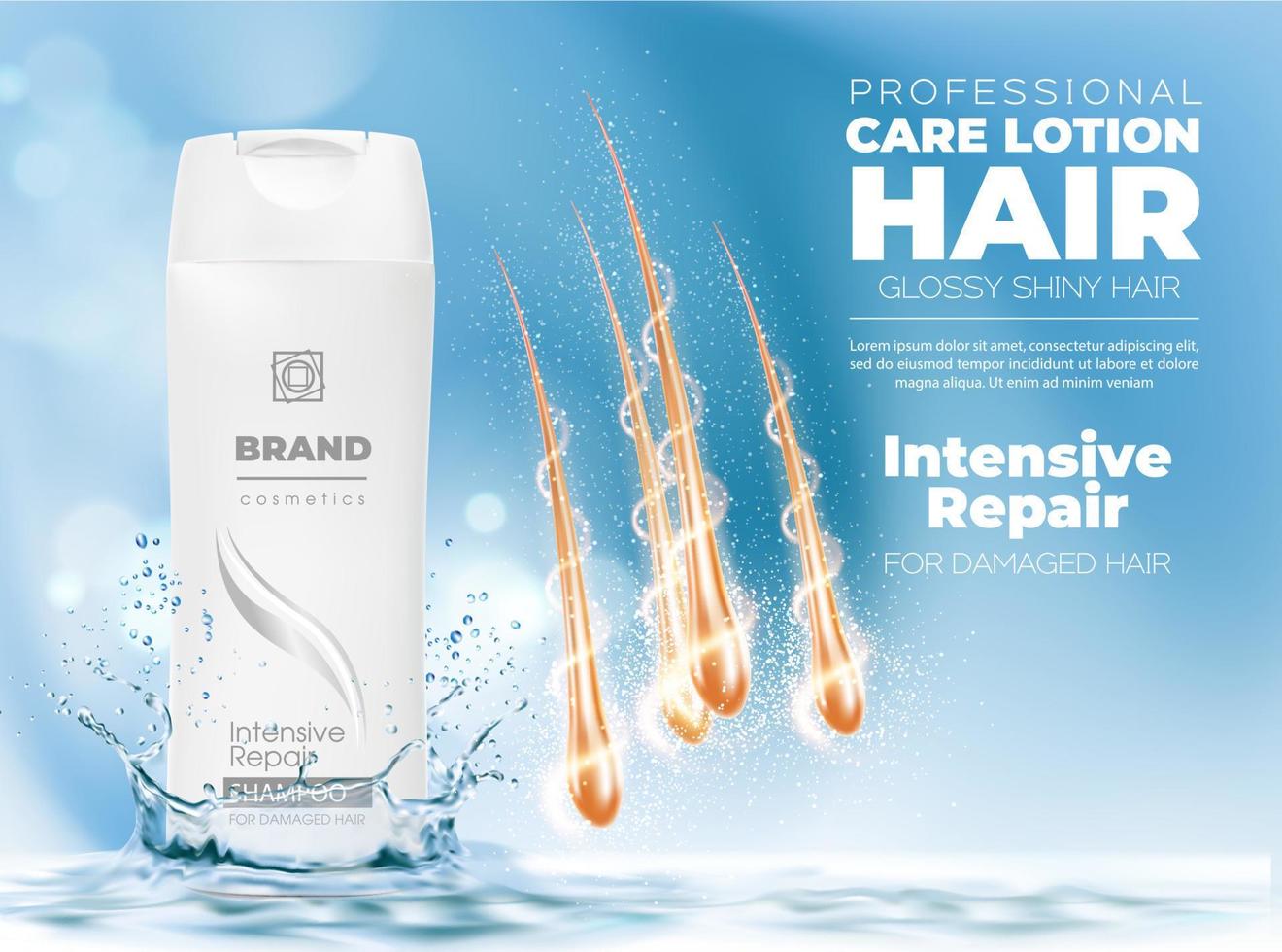 Realistic shampoo and blond hair with water splash vector