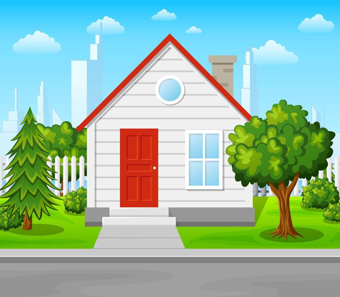 ilustración vectorial del paisaje de montaña con casa familiar sobre fondo de cielo azul vector
