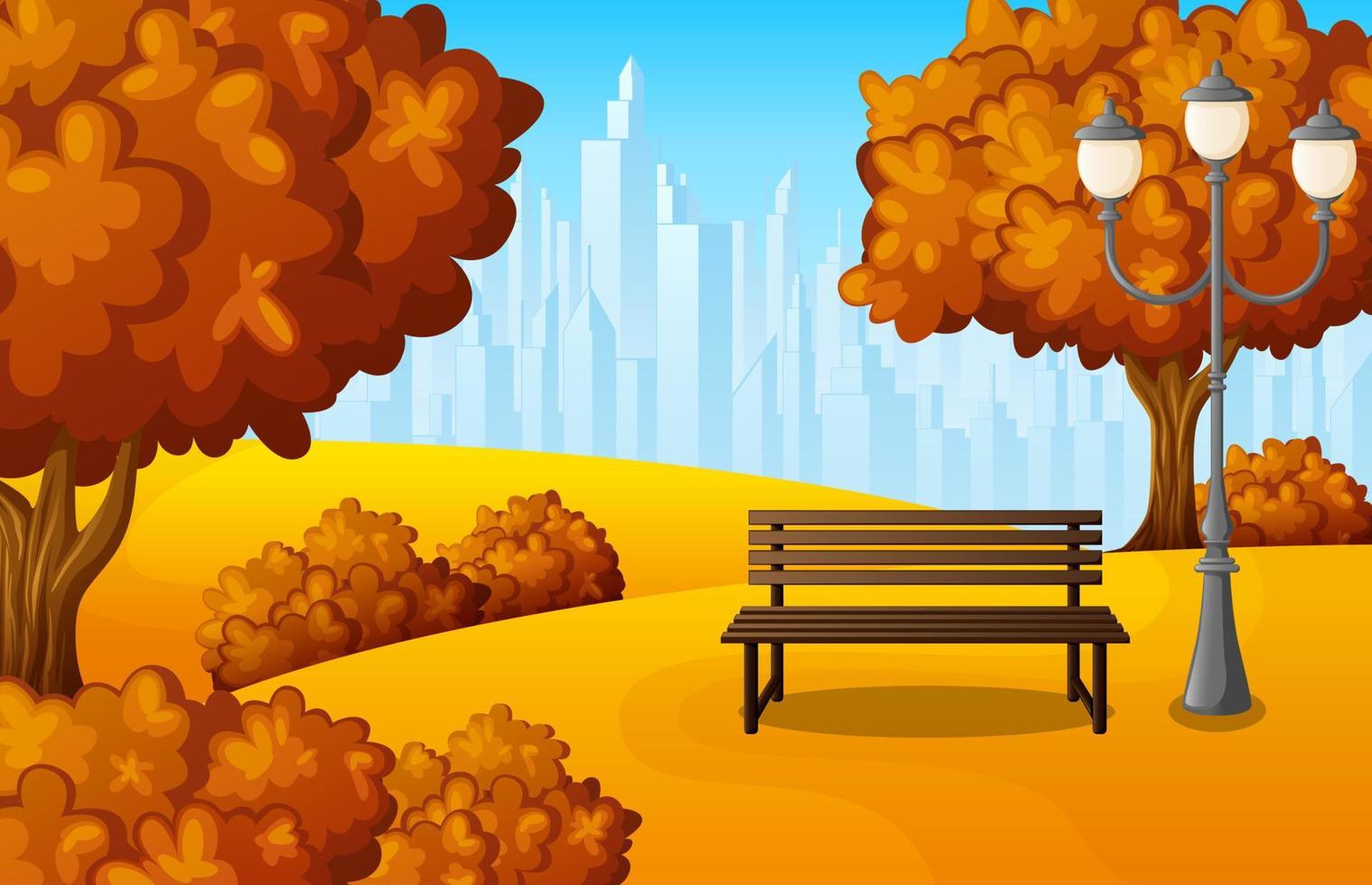 Autumn city park with bench and streetlight on suburban vector