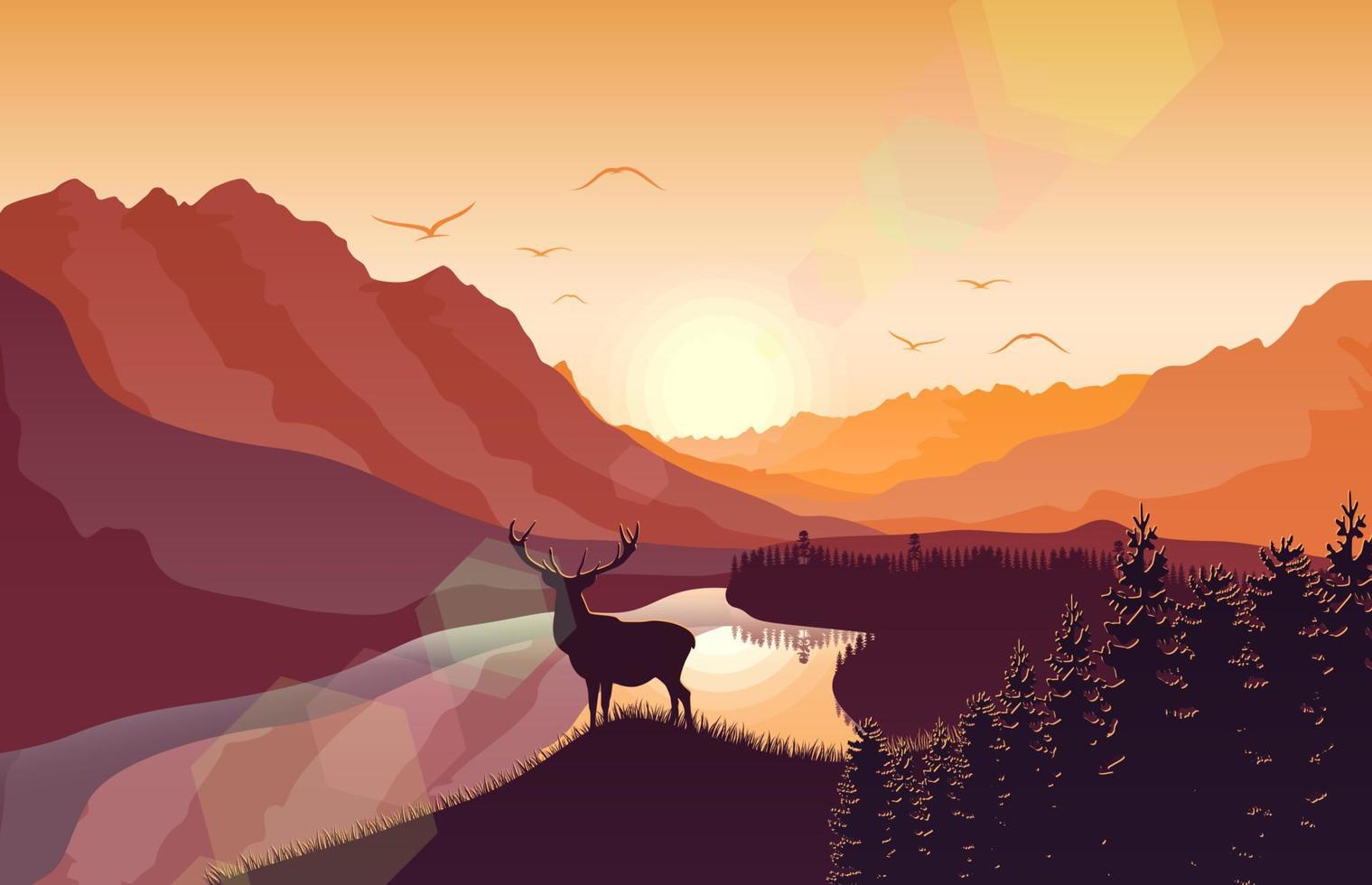 paisaje de montaña con ciervos y bosques al atardecer vector