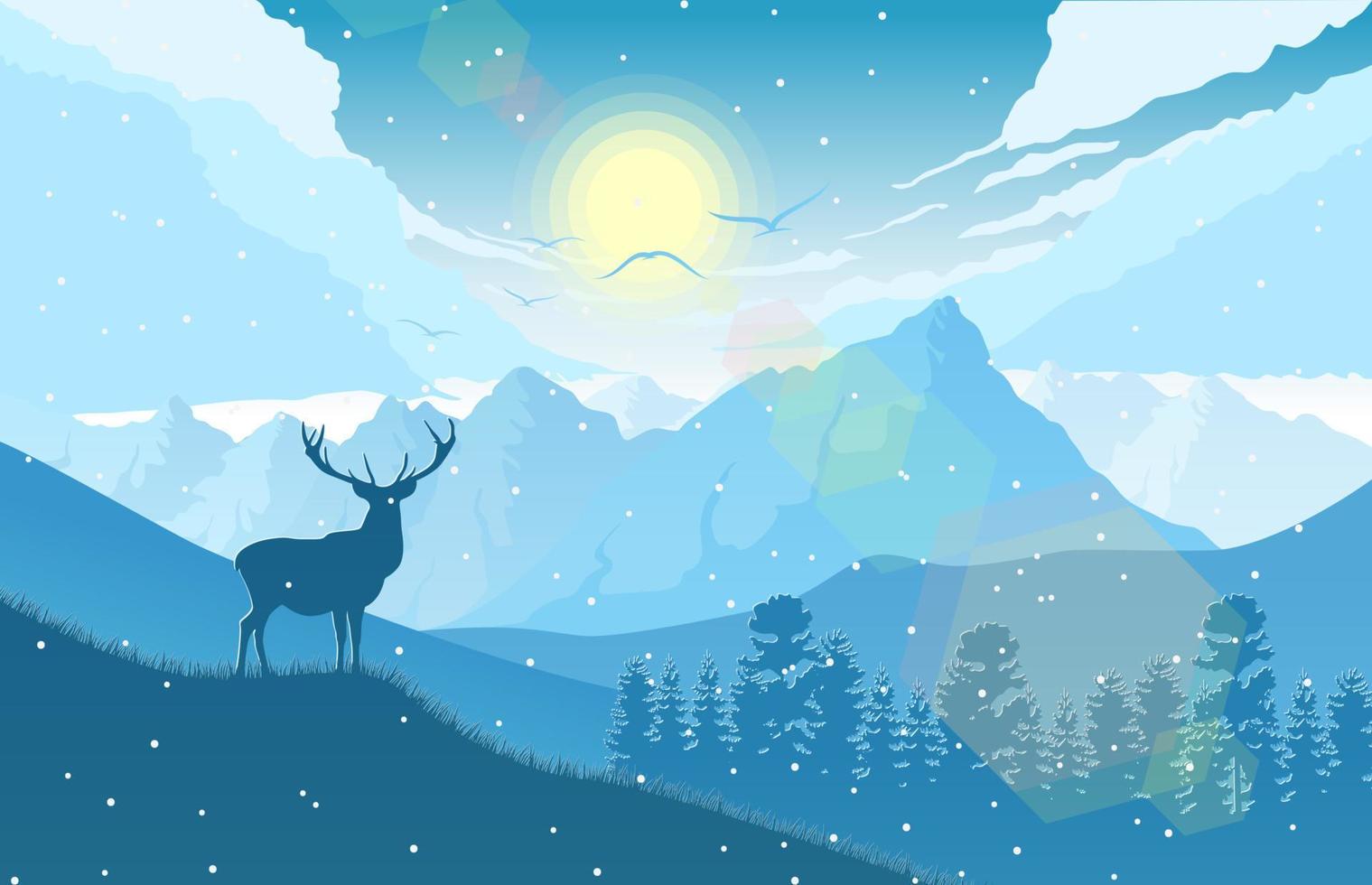 Vector illustration of Mountain landscape with deer and forest at morning