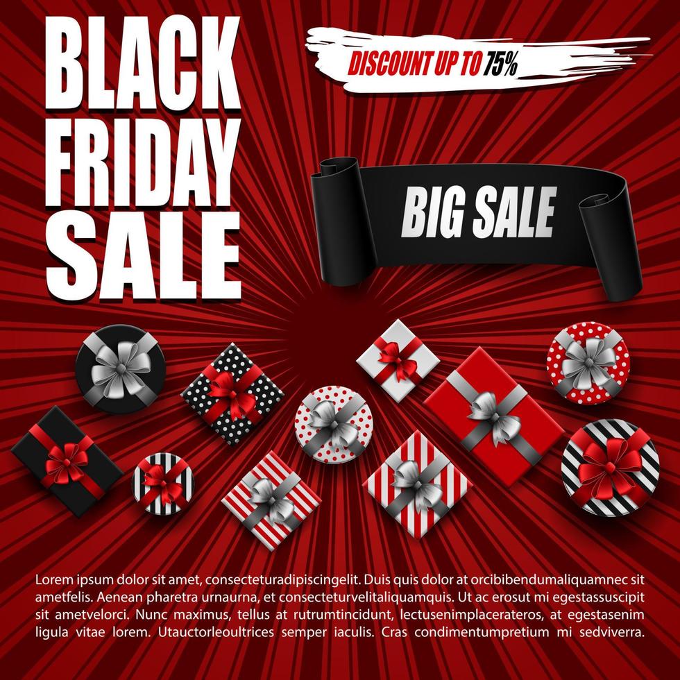 Vector illustration of Black Friday sale banner with different gift boxes and black ribbon