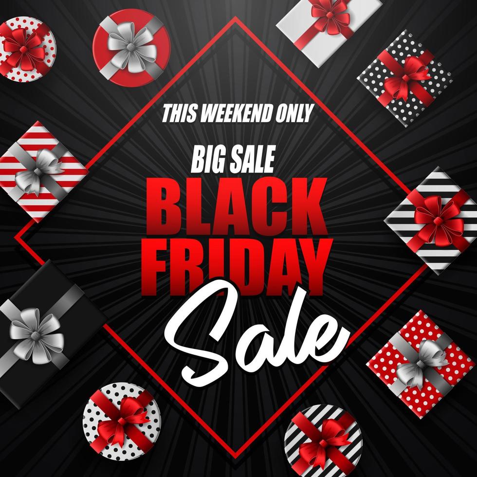 Vector illustration of Black Friday sale banner with different gift boxes and black ribbon