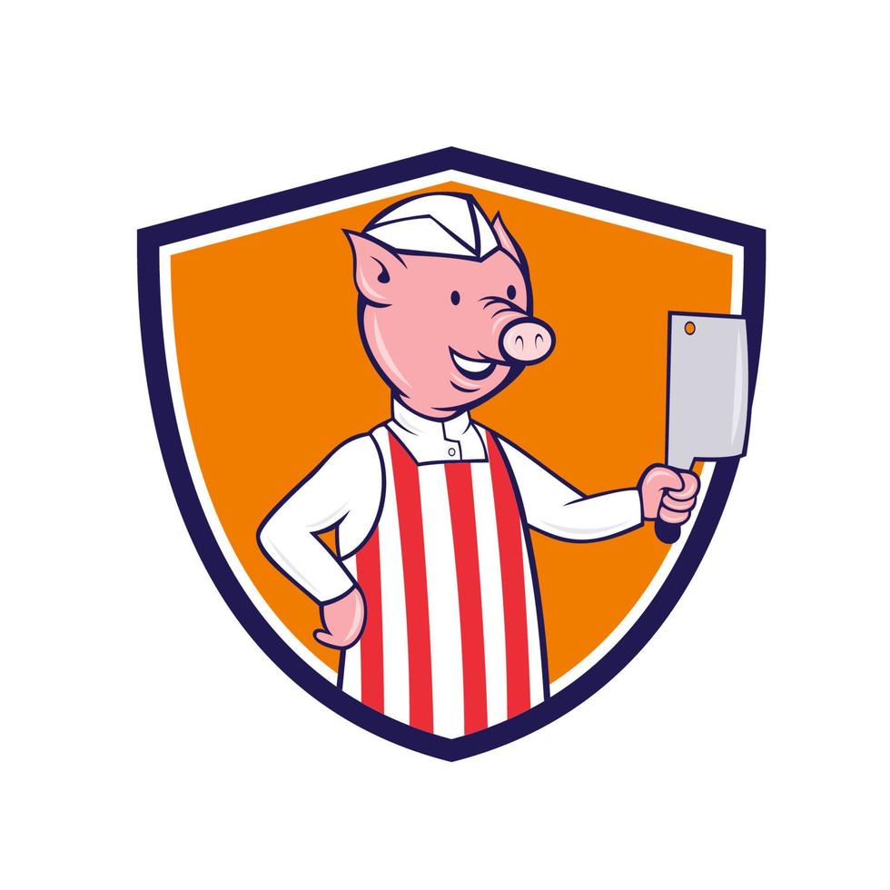 Butcher Pig Holding Meat Cleaver Crest Cartoon vector
