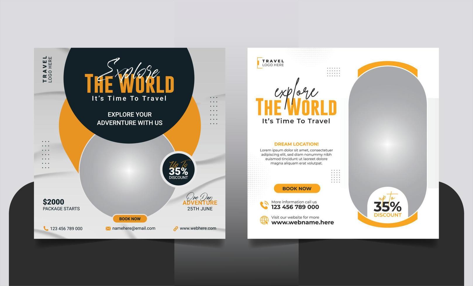 Travel tour promotion holiday vacation social media post or explore world travelling business social media square web banner template vector