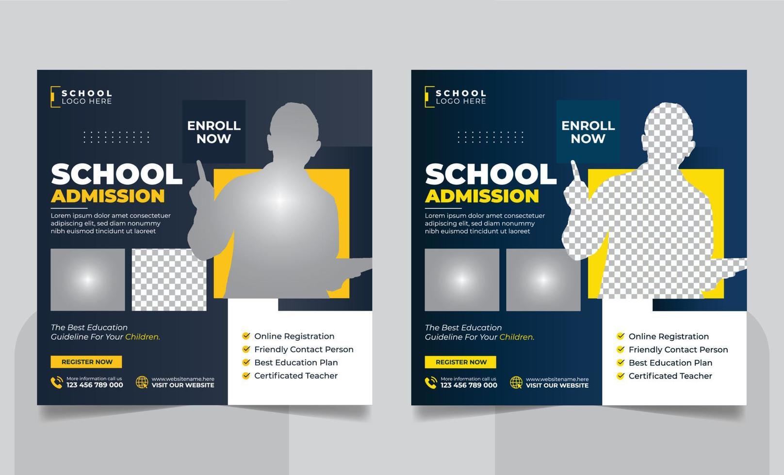 School admission social media post banner, educational social media post square flyer back to school web banner design template vector