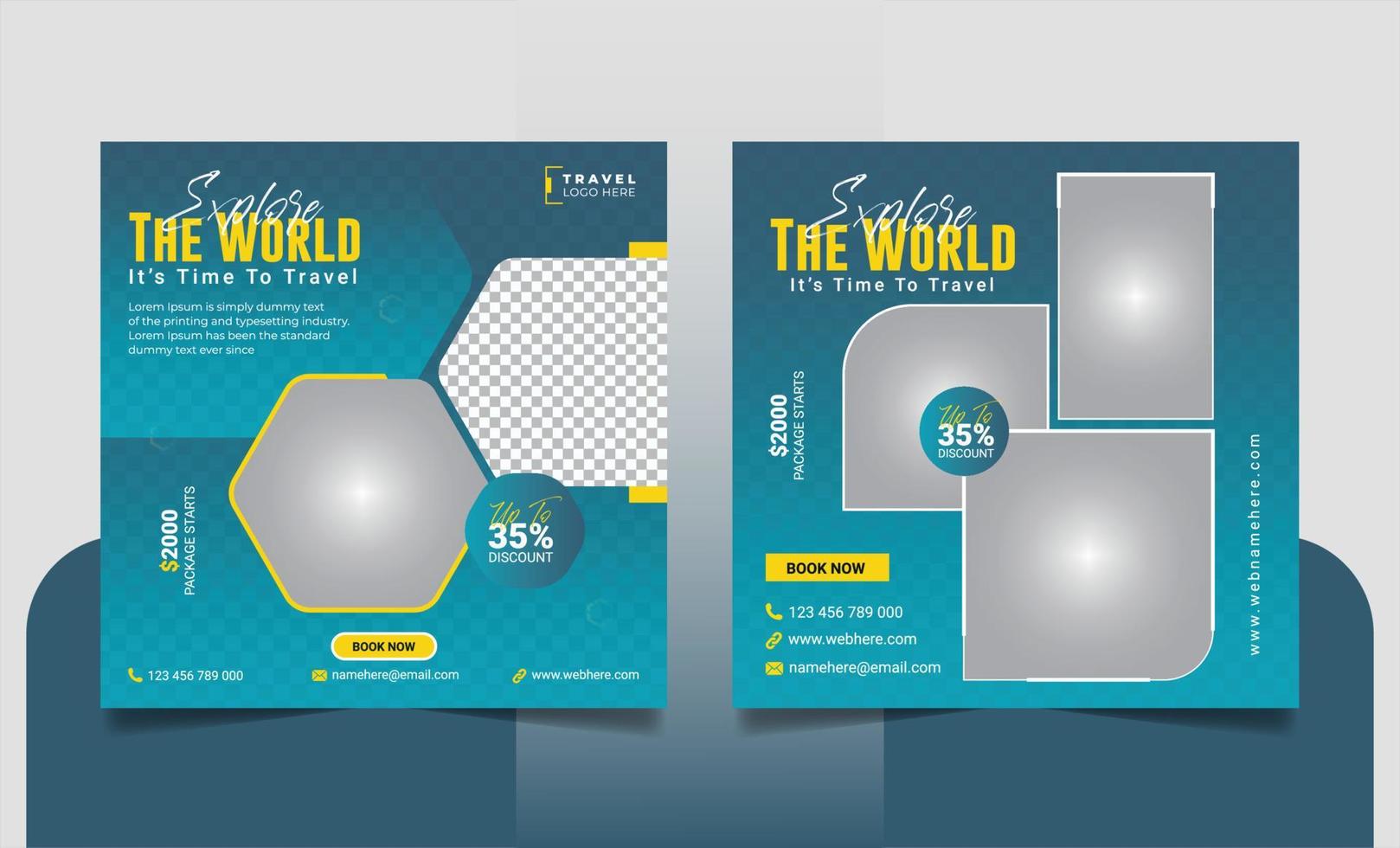 Travel tour promotion holiday vacation social media post or explore world travelling business social media square web banner template vector