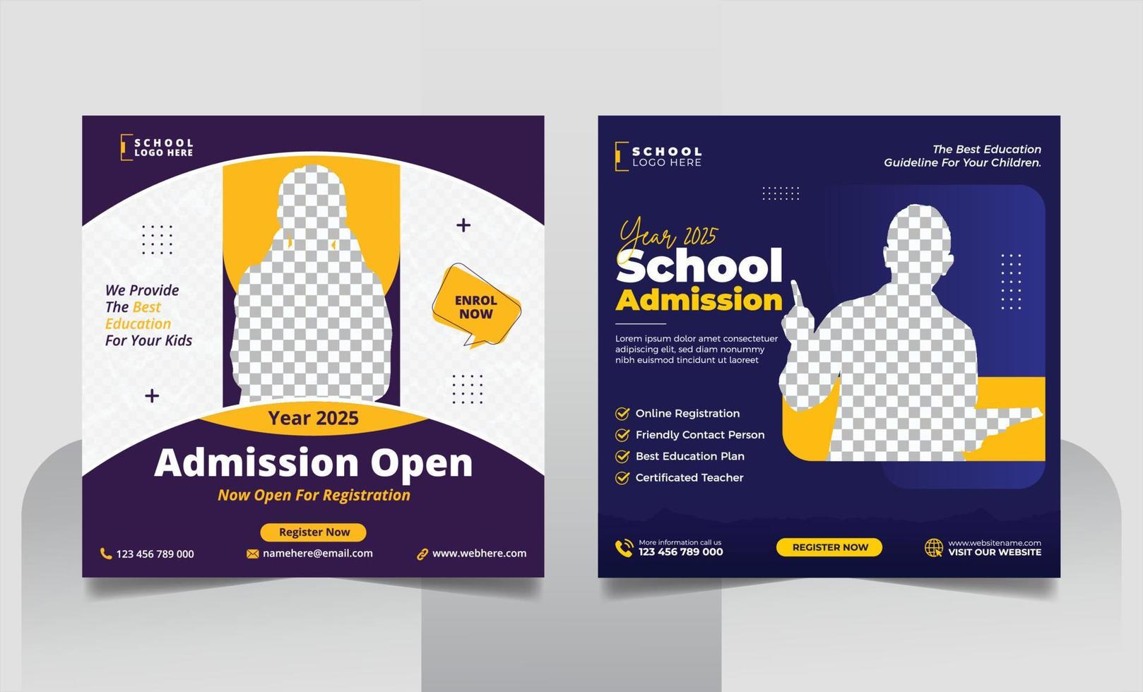 School admission social media post banner, educational social media post square flyer back to school web banner design template vector