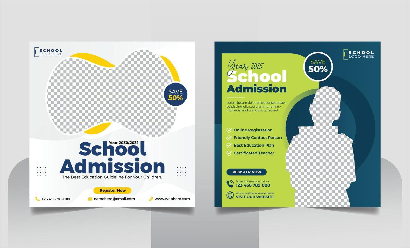 School admission social media post banner, educational social media post square flyer back to school web banner design template vector