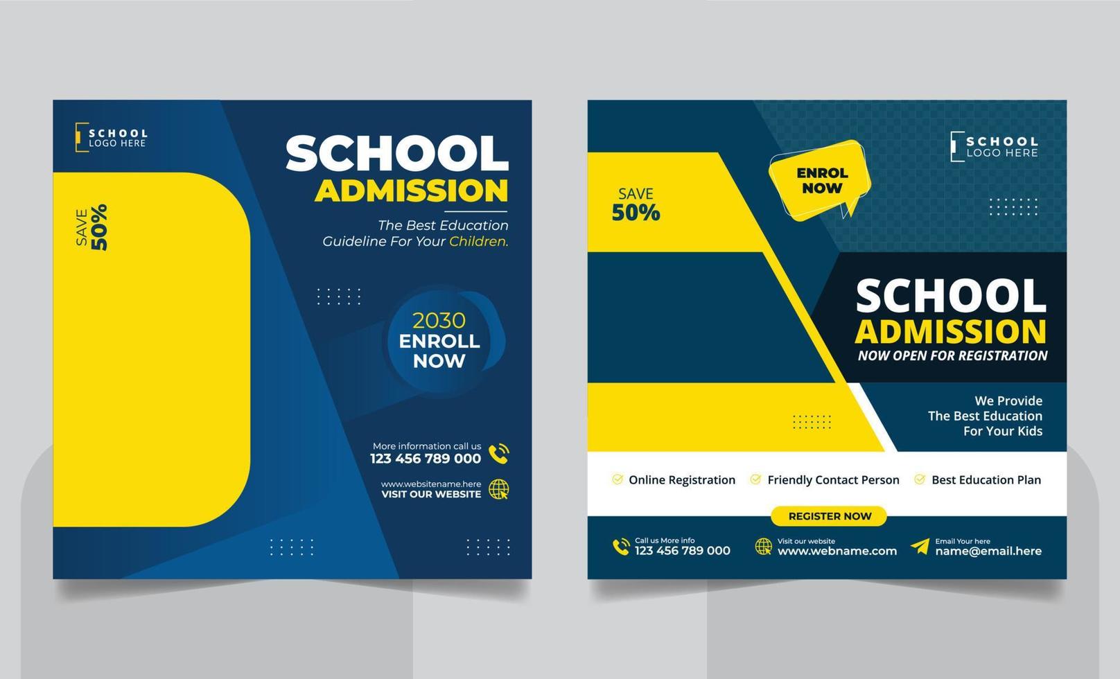 School admission social media post banner, educational social media post square flyer back to school web banner design template vector