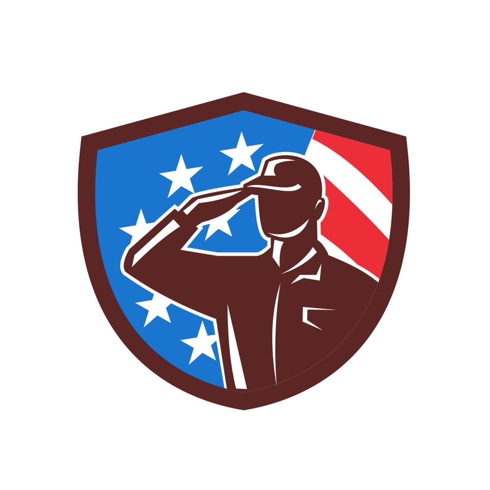 American Soldier Saluting USA Flag Crest Retro vector