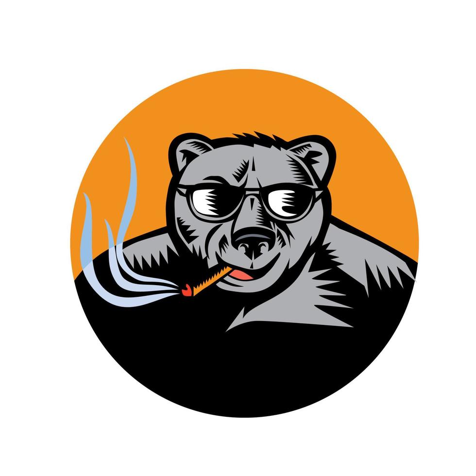 Black Bear Sunglasses Cigar Circle Woodcut vector