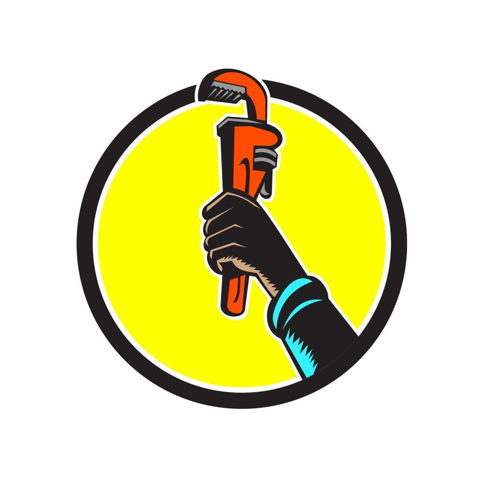 Black Plumber Hand Raising Monkey Wrench Circle vector