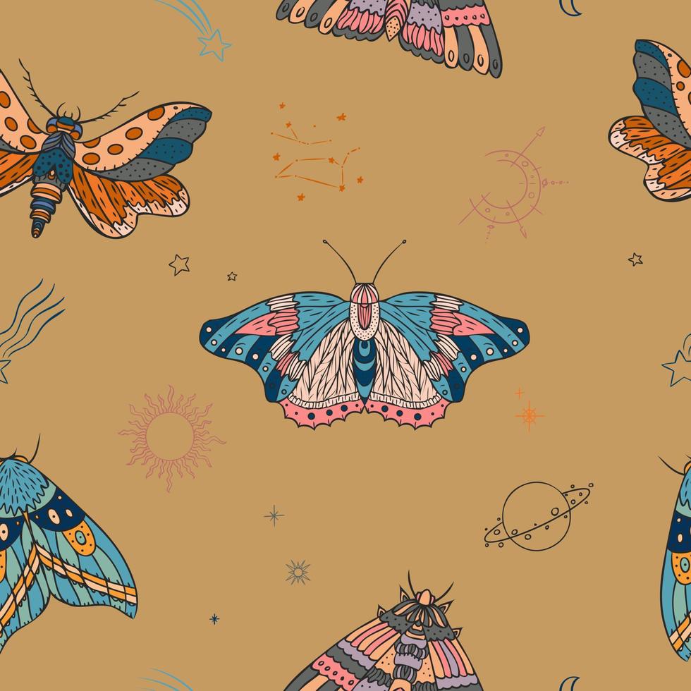 Moth, symbols of the sky, sun and moon vector seamless pattern. Night butterfly nature illustration. Boho insect background.