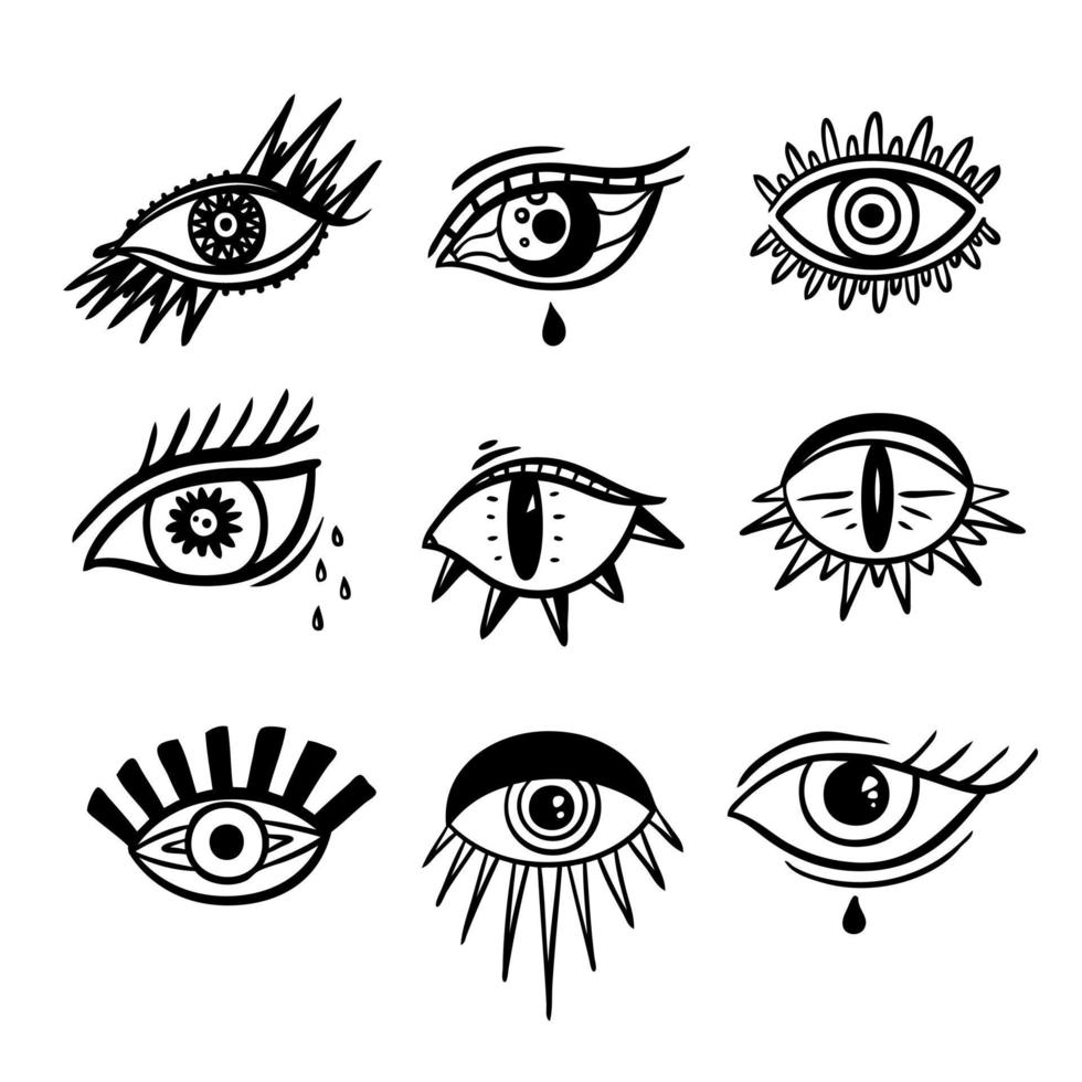 conjunto de símbolos de ojos malignos. emblema místico oculto, diseño gráfico. alquimia de signos esotéricos, estilo decorativo. ilustración vectorial vector