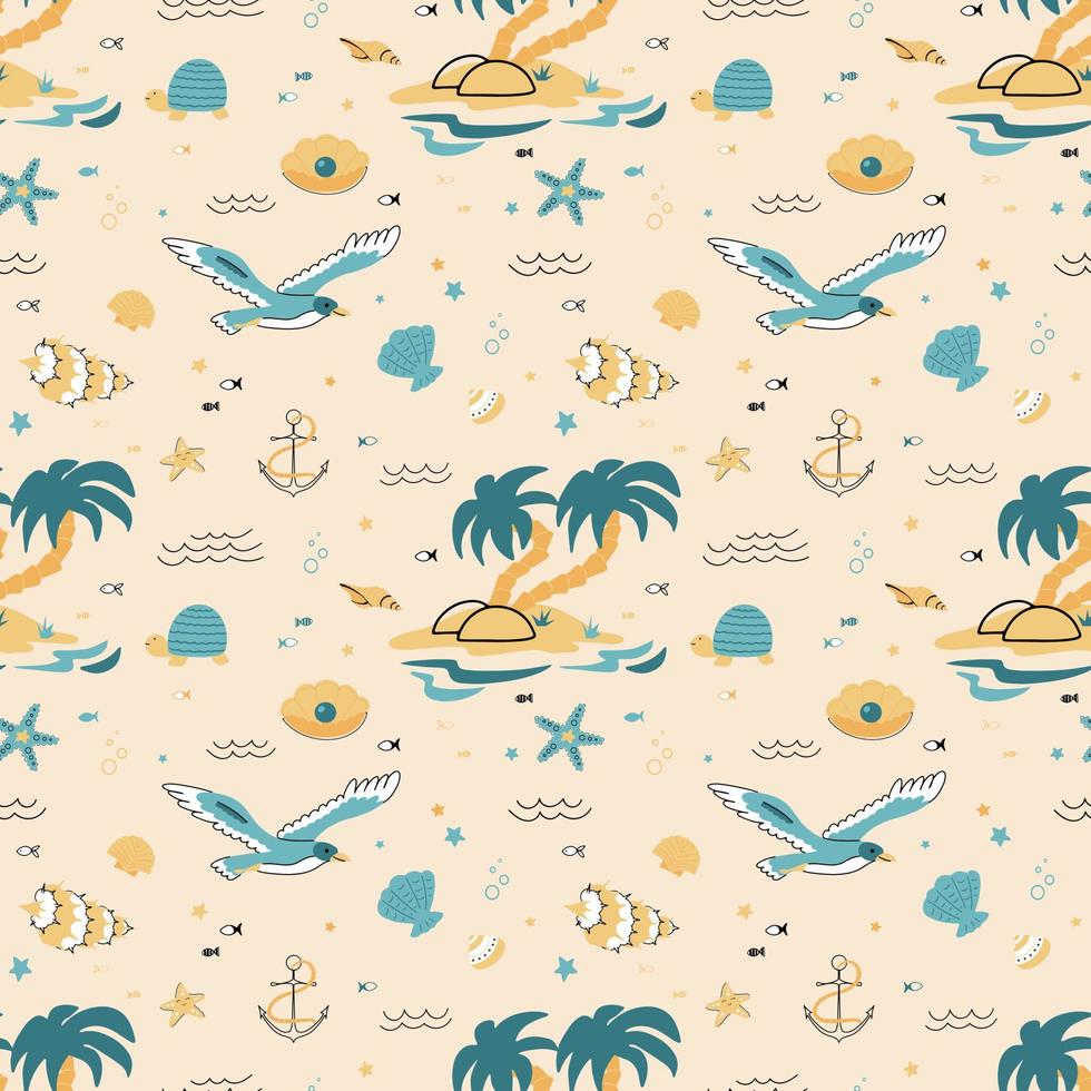 Cute seamless pattern with a nautical theme. Ocean and sea life background for fabric and packaging. Vector illustration for children.