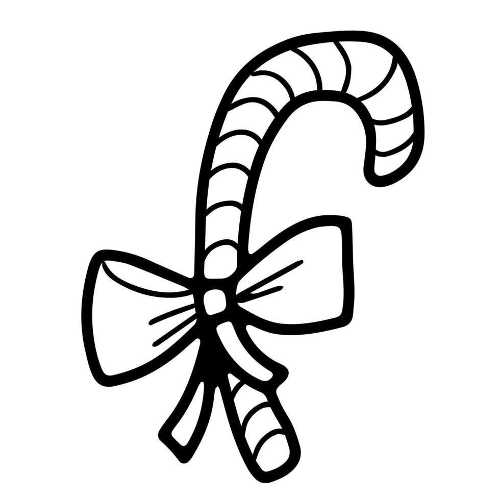 Cute sweet Christmas candy cane with ribbon in doodle style vector