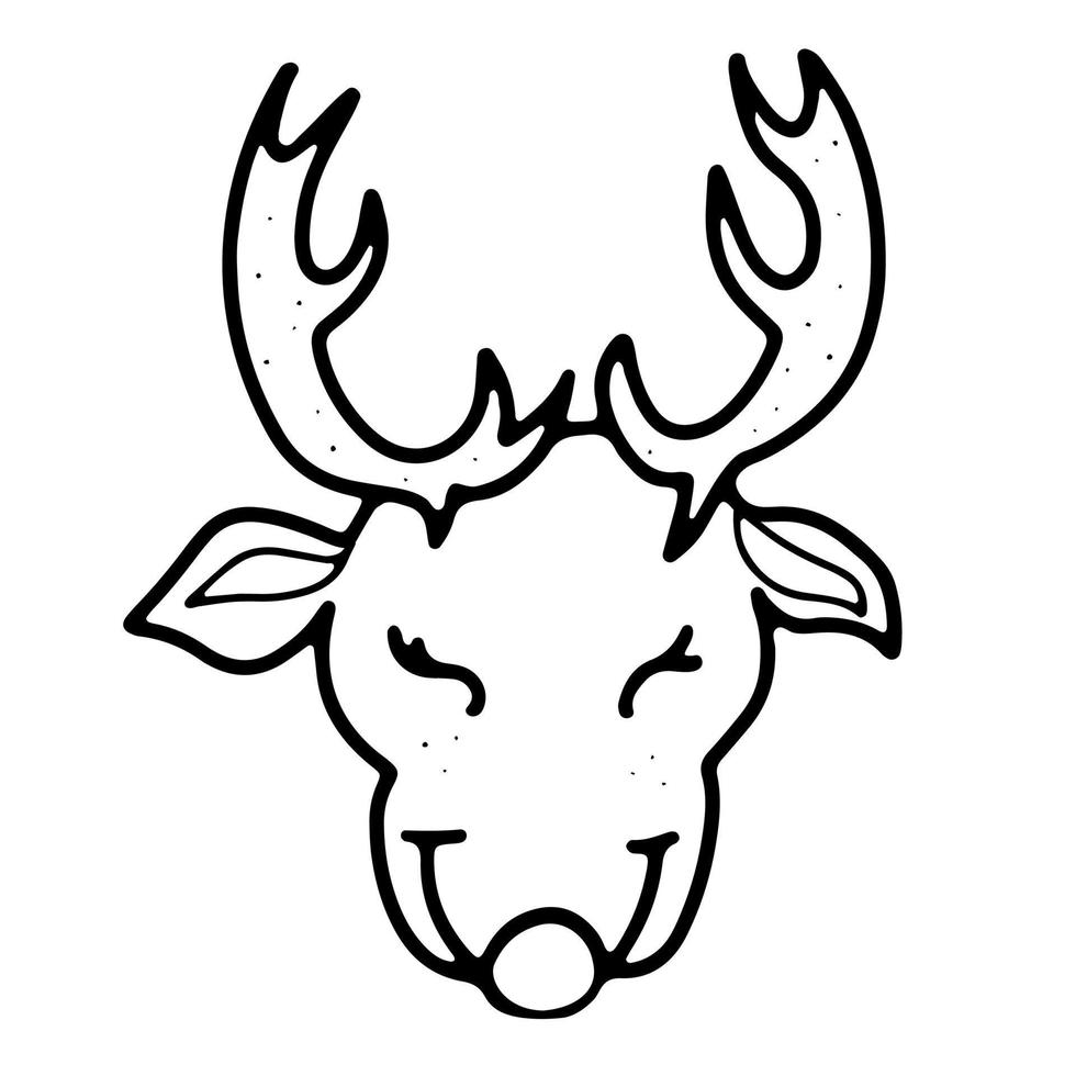 Brown Christmas deer head with doodle style outline. vector
