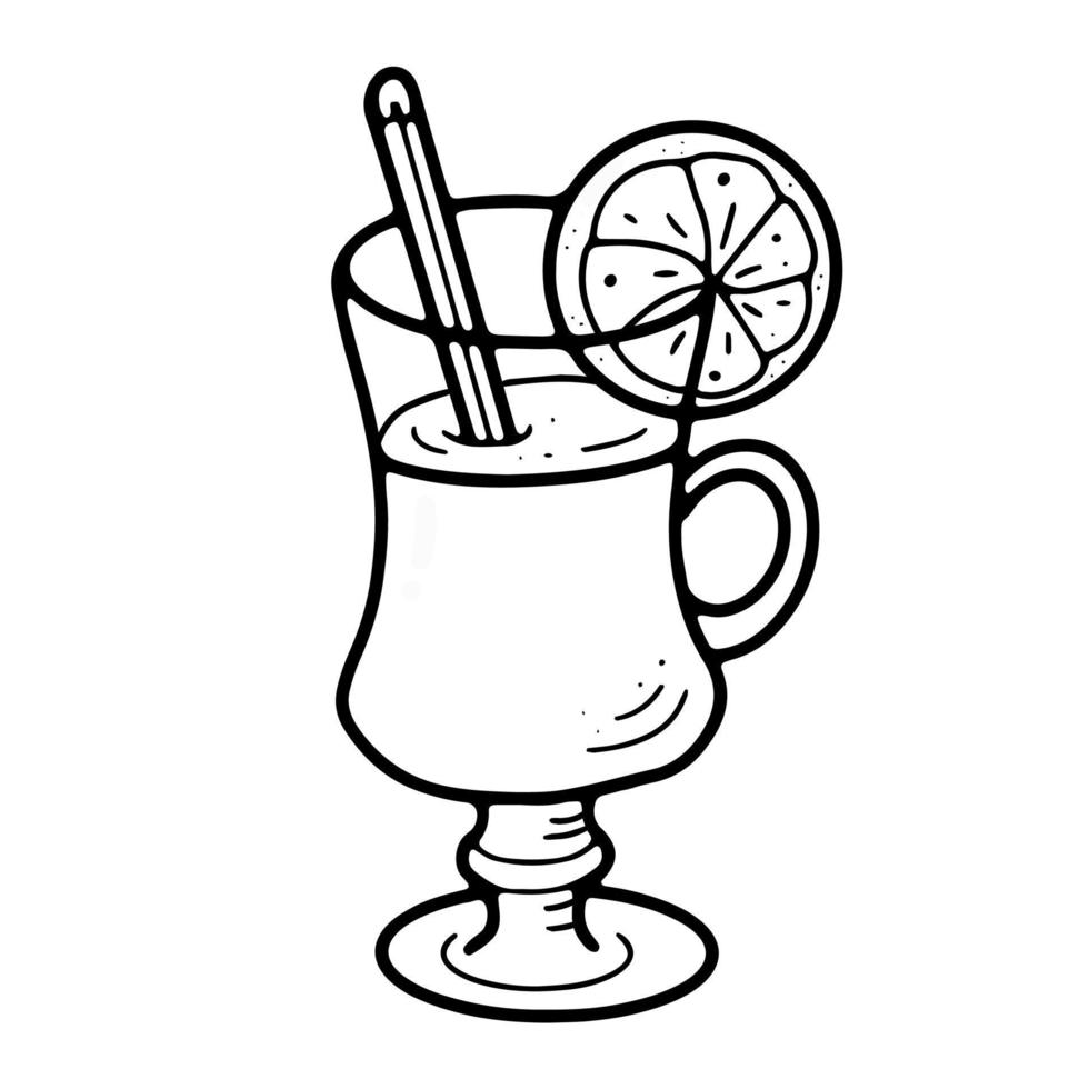 Glass goblet with mulled wine, cinnamon stick and orange. vector