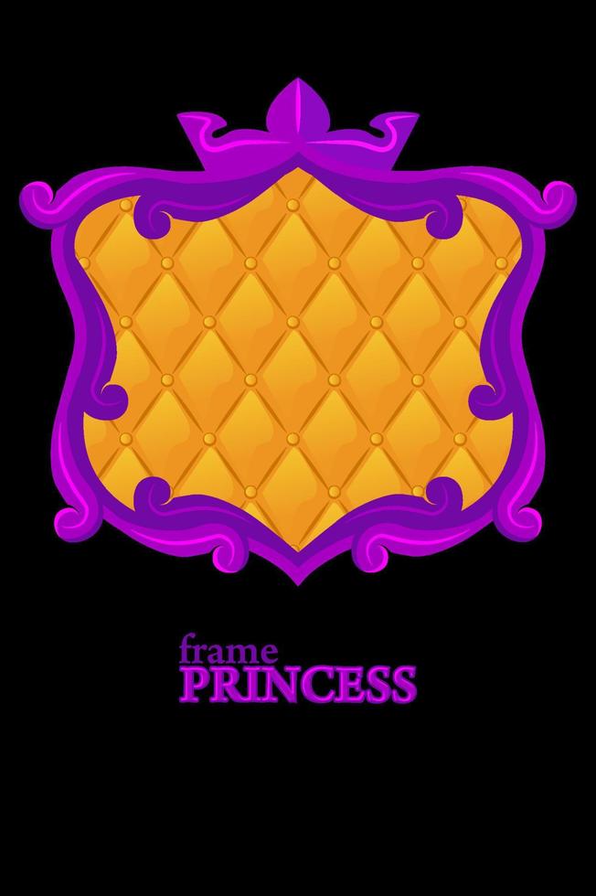 Princess purple frame with geometric upholstery, cartoon avatars for graphic design. Vector illustration cute royal gold soft fabric templates for games.