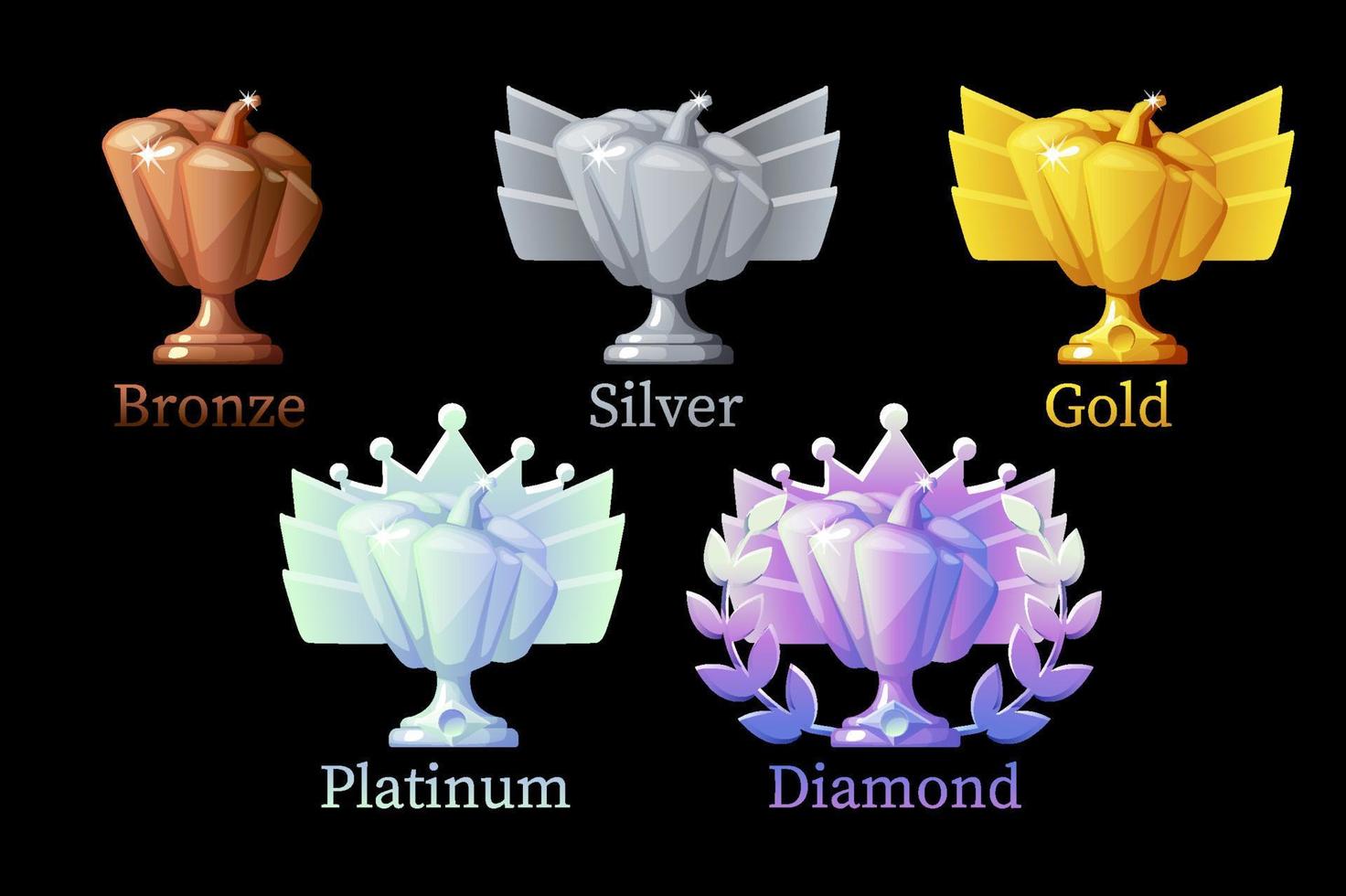 Pumpkin rewards, gold, silver, platinum, bronze, diamond for game. Vector illustration set different improvements awards for winner.