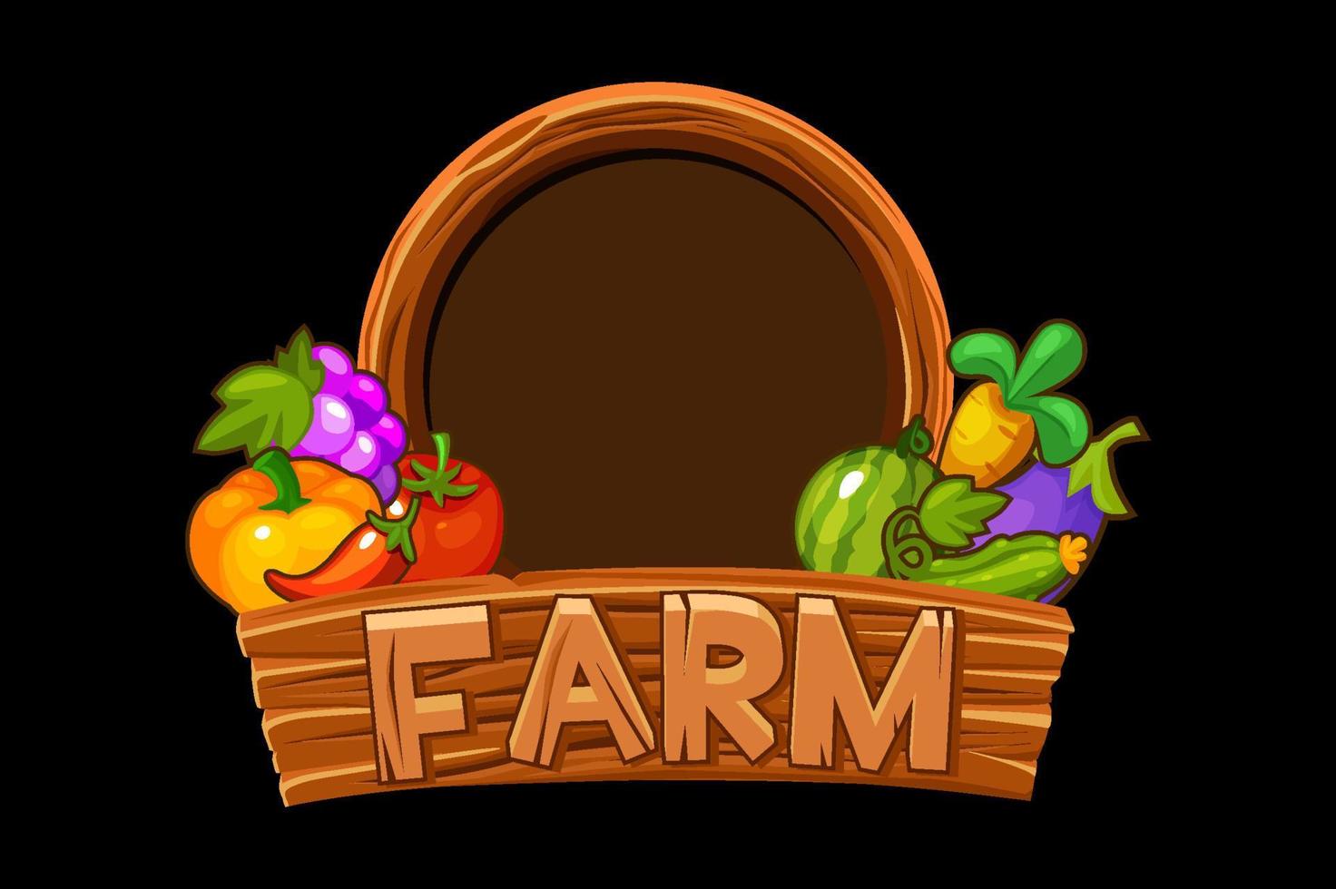 Wooden logo farm with vegetables and berries for game GUI. Vector illustration of banner with framed template for the game.