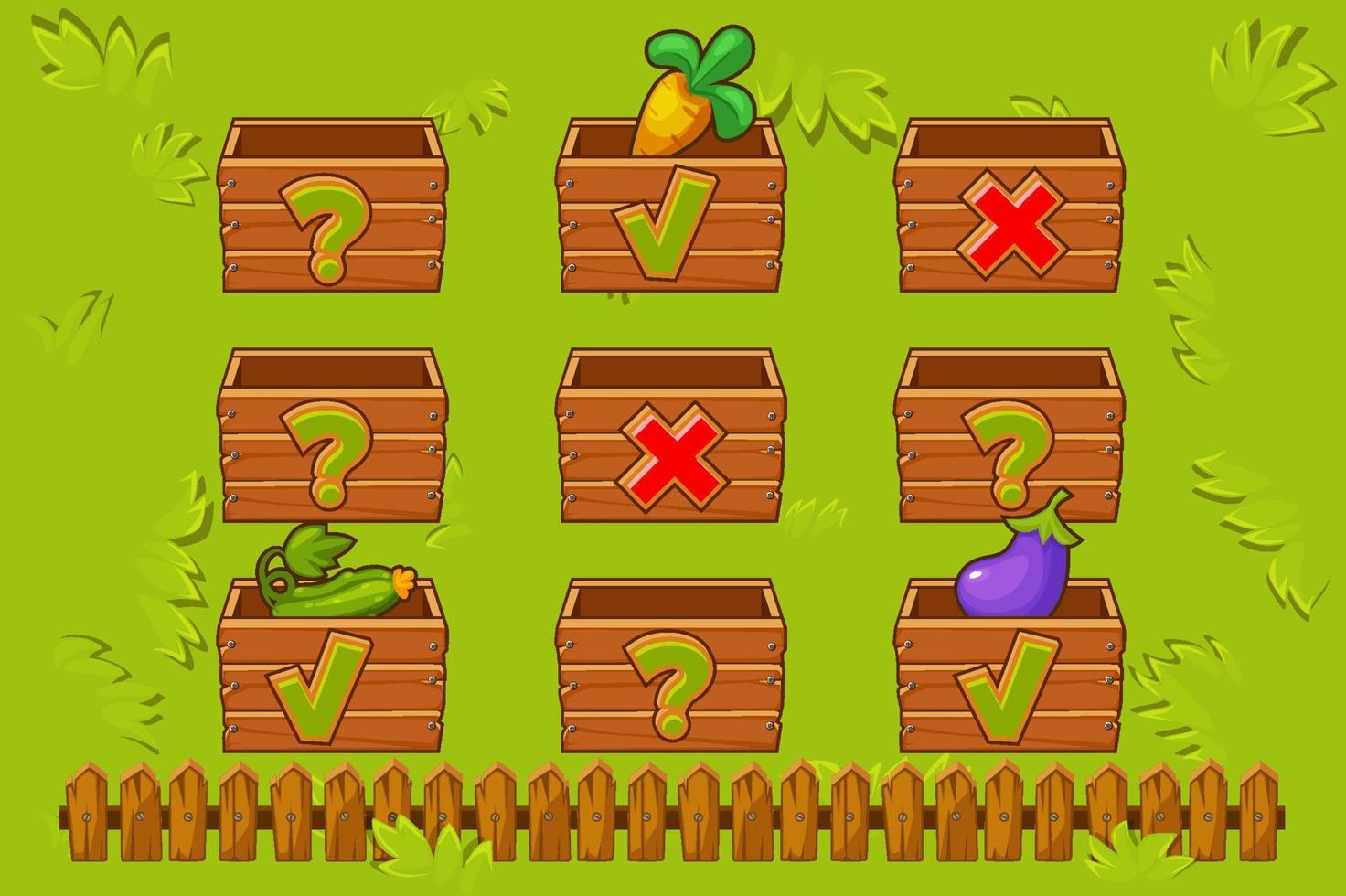 Wooden boxes on fenced field with icons for game. Vector illustration set boxes with cross and check mark icons for graphical interface.