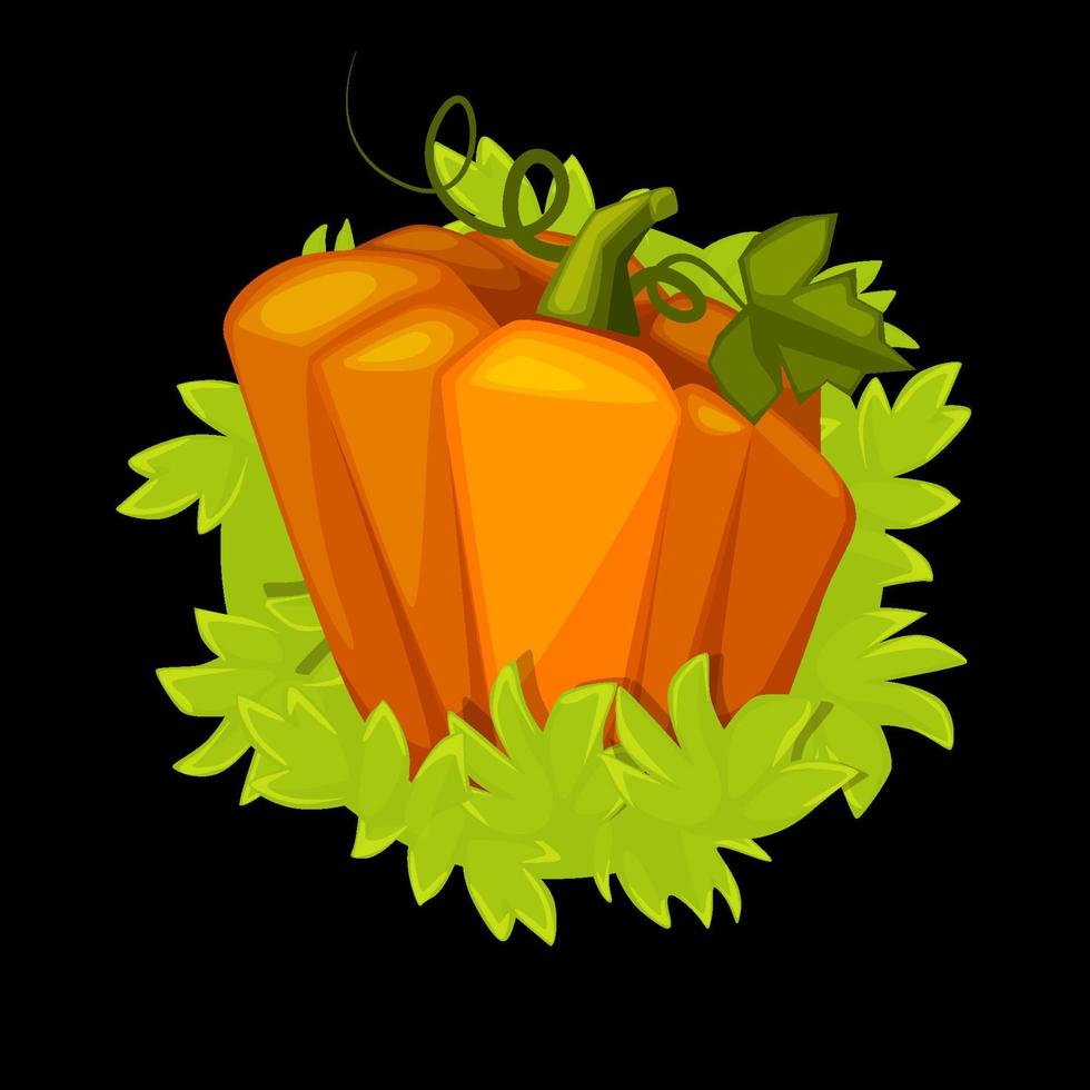 Cartoon pumpkin with grass, isolated vegetable for ui game. Vector illustration orange pumpkin in the bush in flat style.