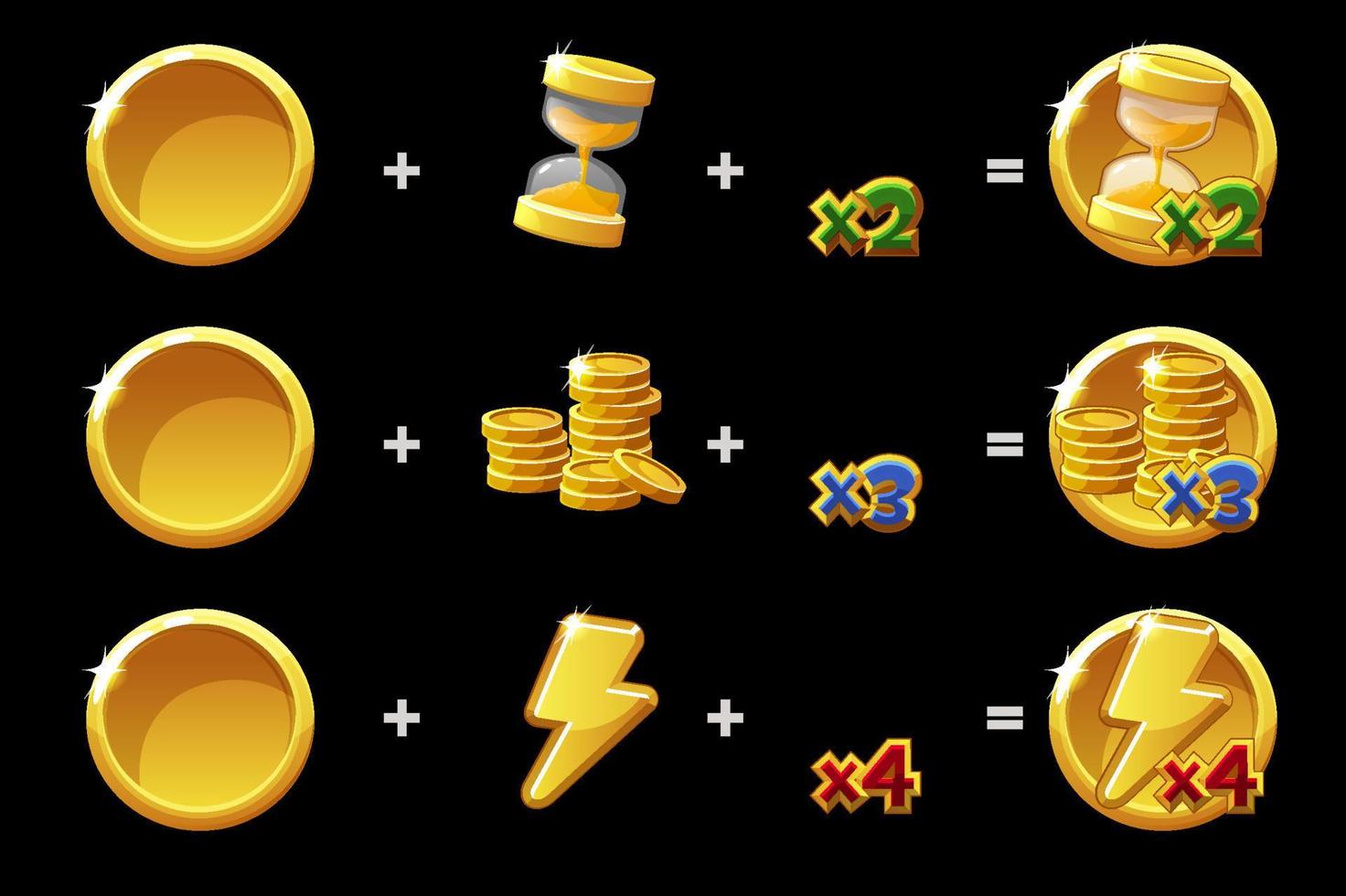 Time, coin and energy golden bonus constructor icons for game. Vector illustration set of details icons of doubling prizes for ui