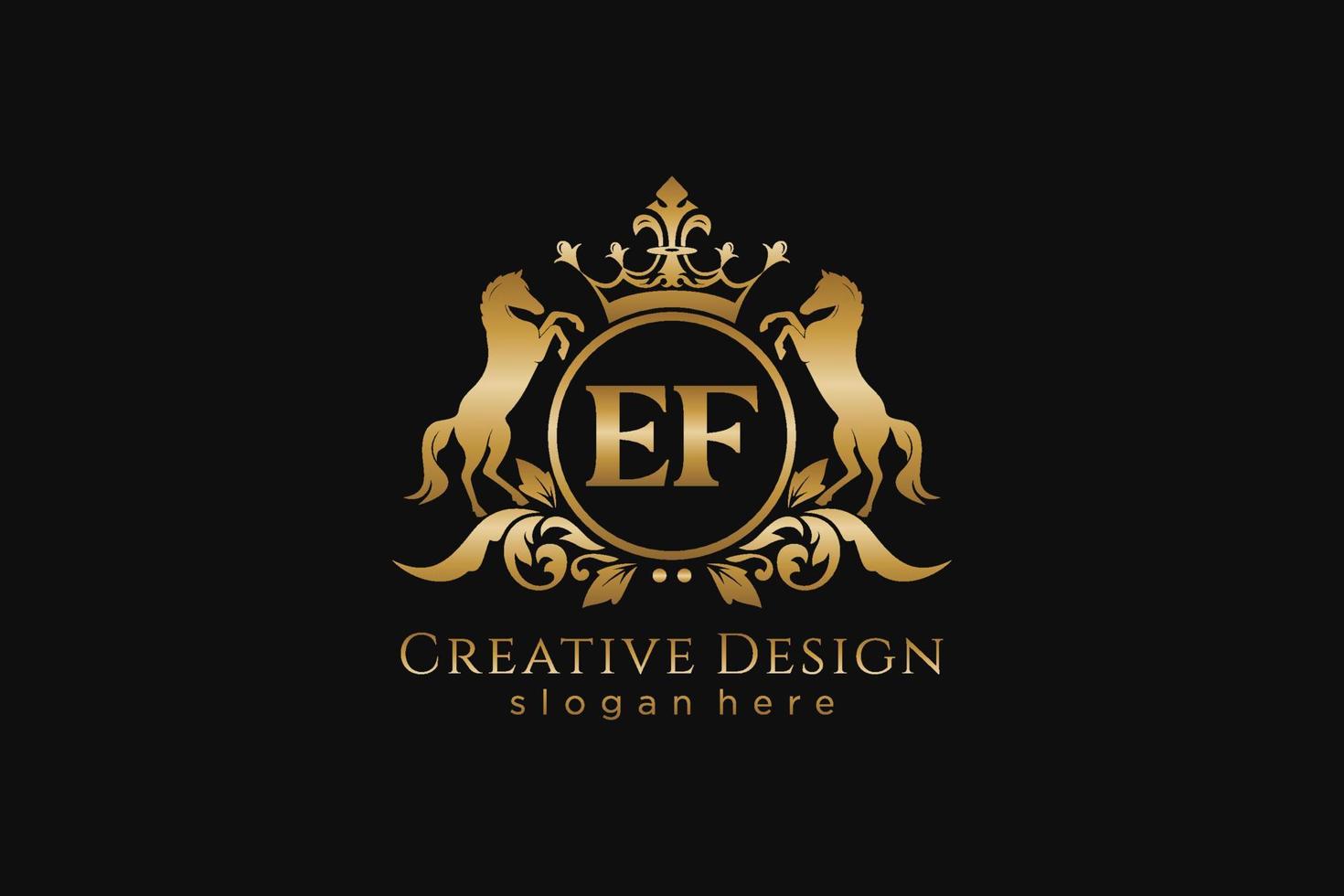 initial EF Retro golden crest with circle and two horses, badge template with scrolls and royal crown - perfect for luxurious branding projects vector