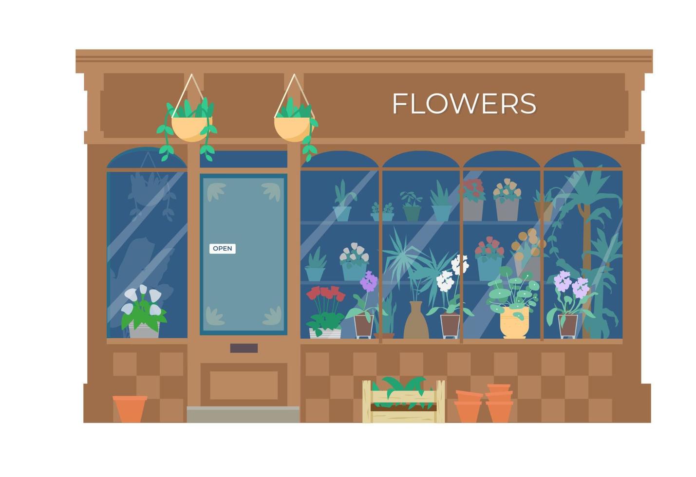 ilustración plana frontal del edificio de la tienda de flores vectorial. escaparate con plantas y flores en cubos y macetas. aislado en blanco vector