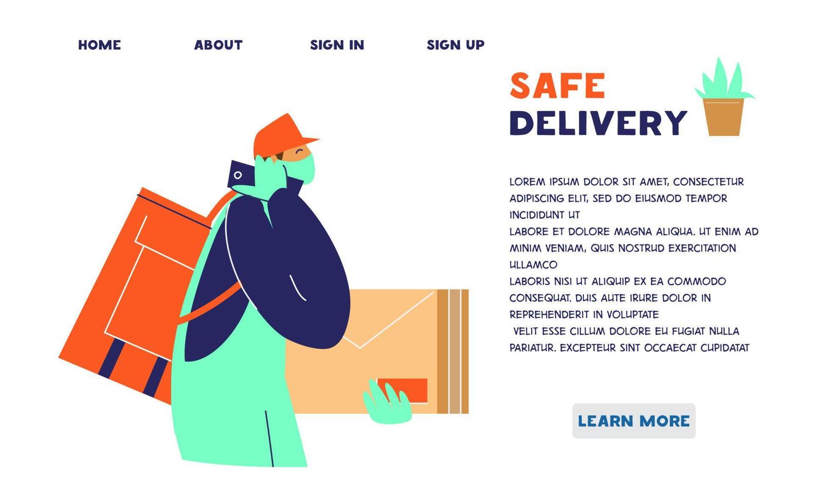 Safe delivery service website template. Courier in protective mask and gloves with delivery bag and parcel calls to customer. Contacless delivery during coronavirus quarantine. Flat vector. vector